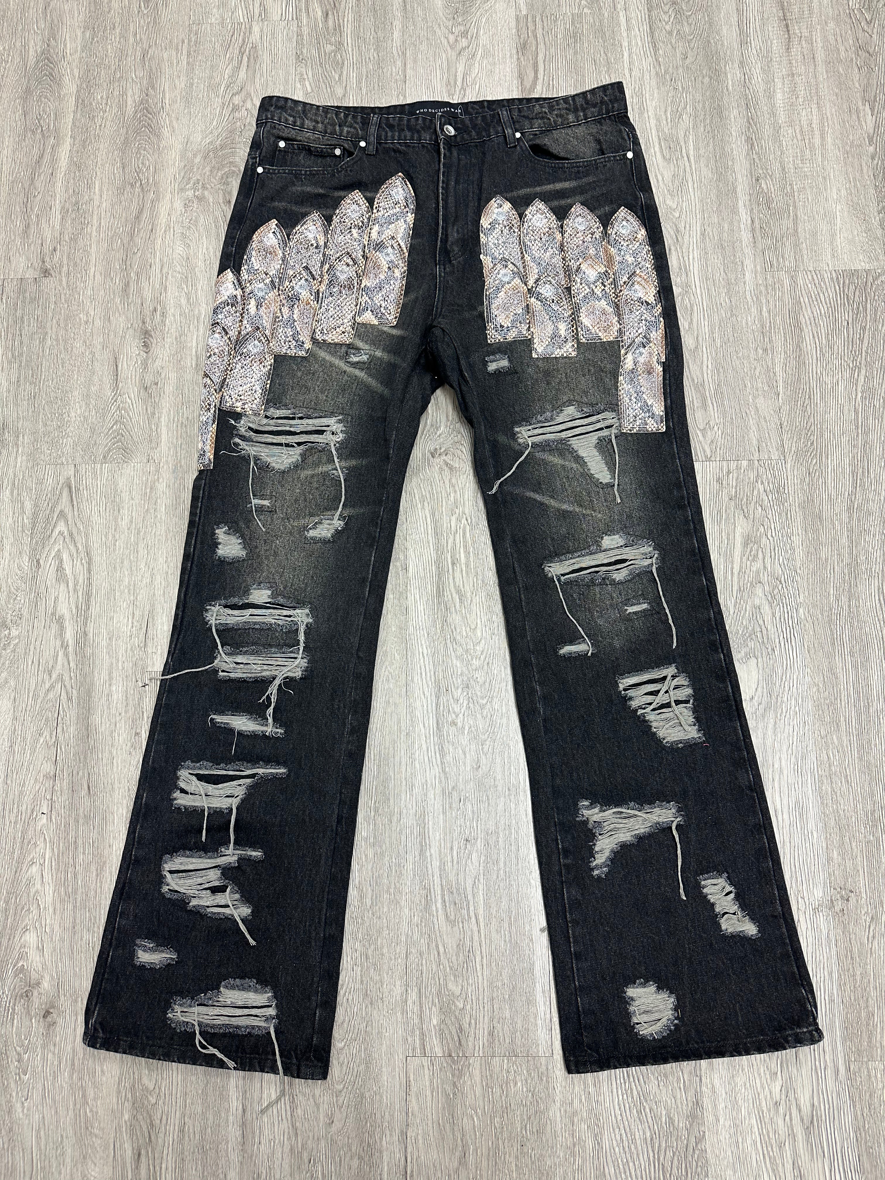 WDW Patched Arched Denim Black Snakeskin New 36 With Tags