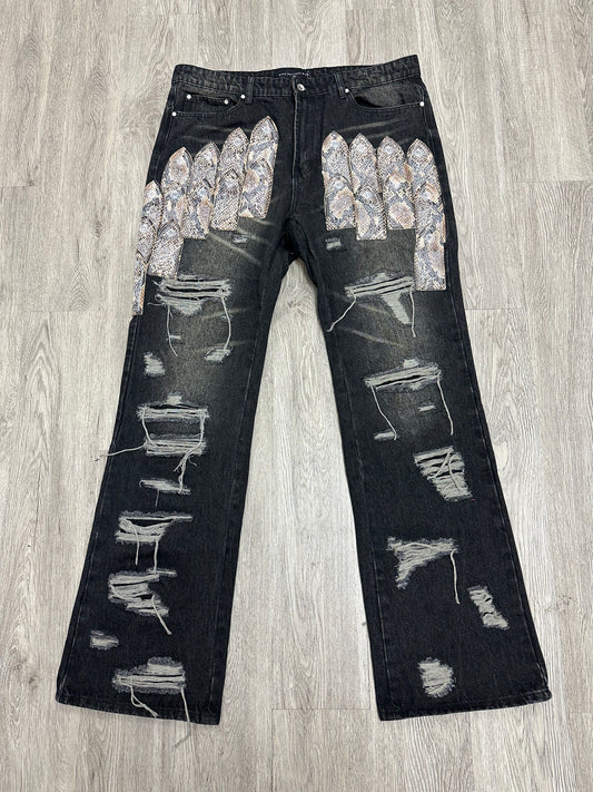 WDW Patched Arched Denim Black Snakeskin New 36 With Tags