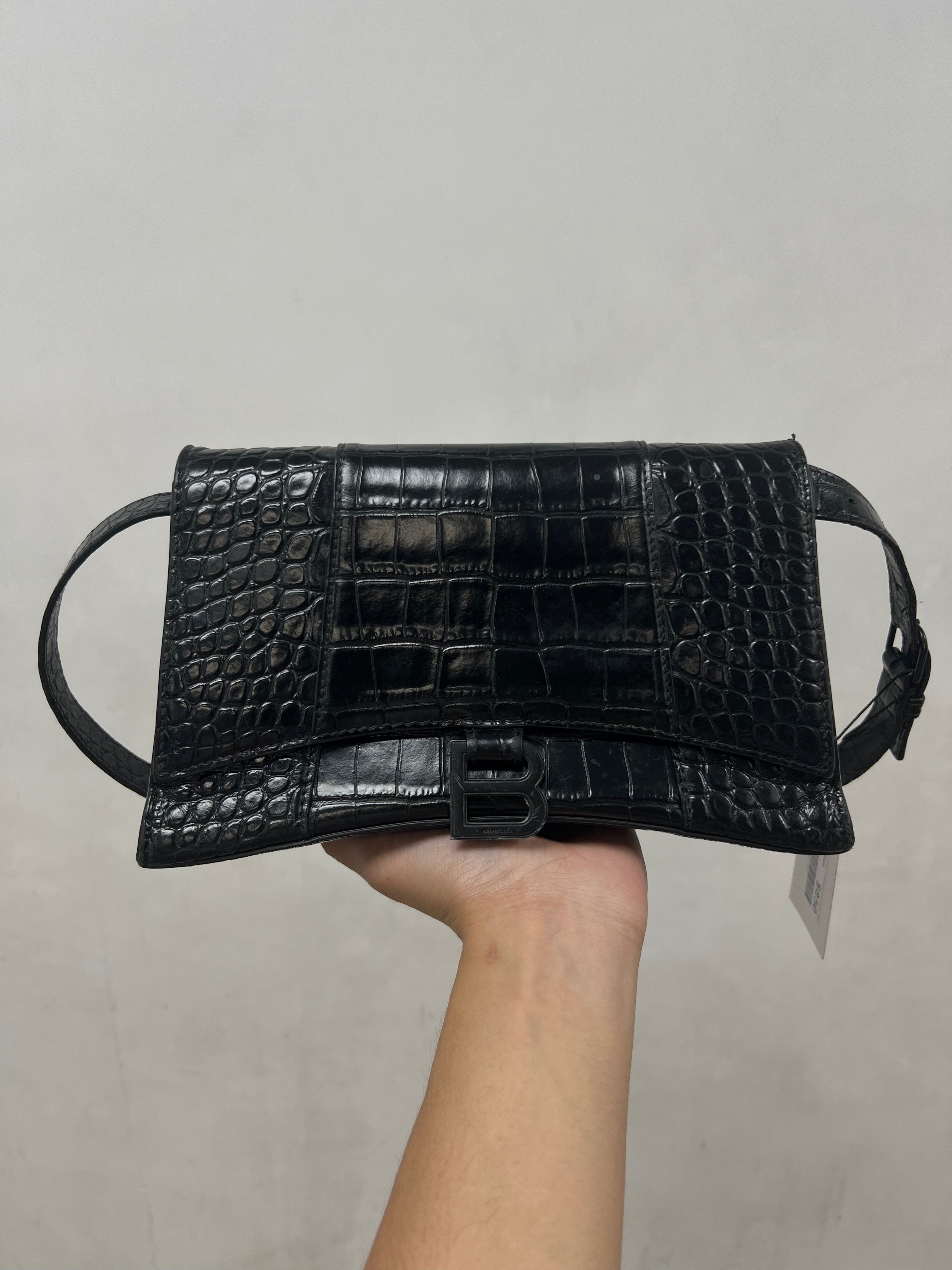 Balenciaga Black Croc Embossed Hourglass Bag