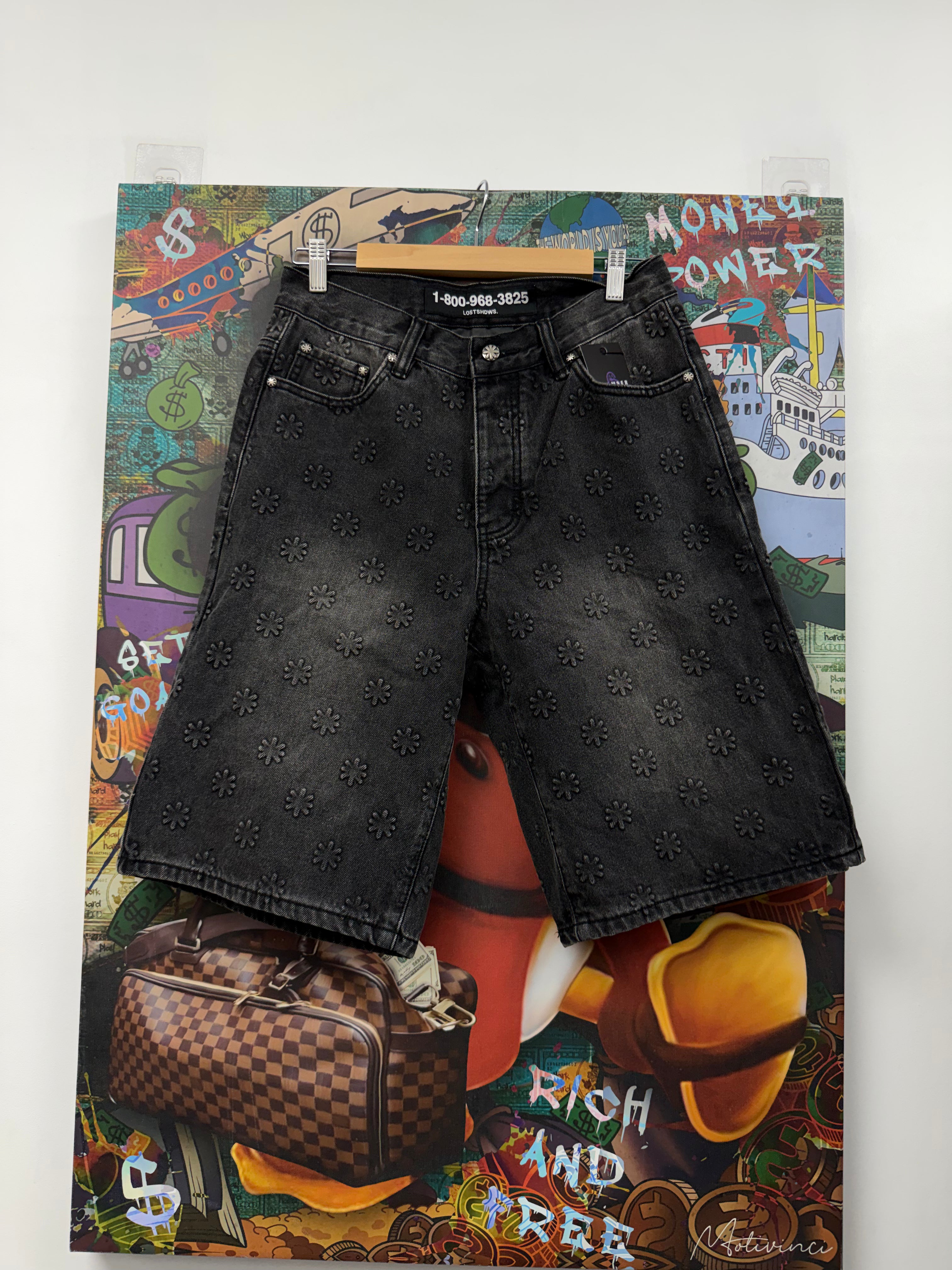 LOST SHDWS Black Wash Embossed Jean Shorts