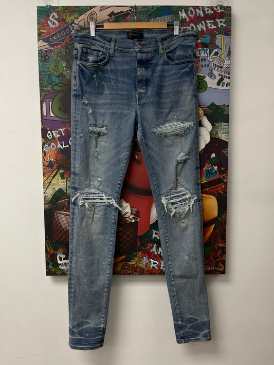 Amiri MX1 Light Wash UNC Paisley Patch Jeans Used