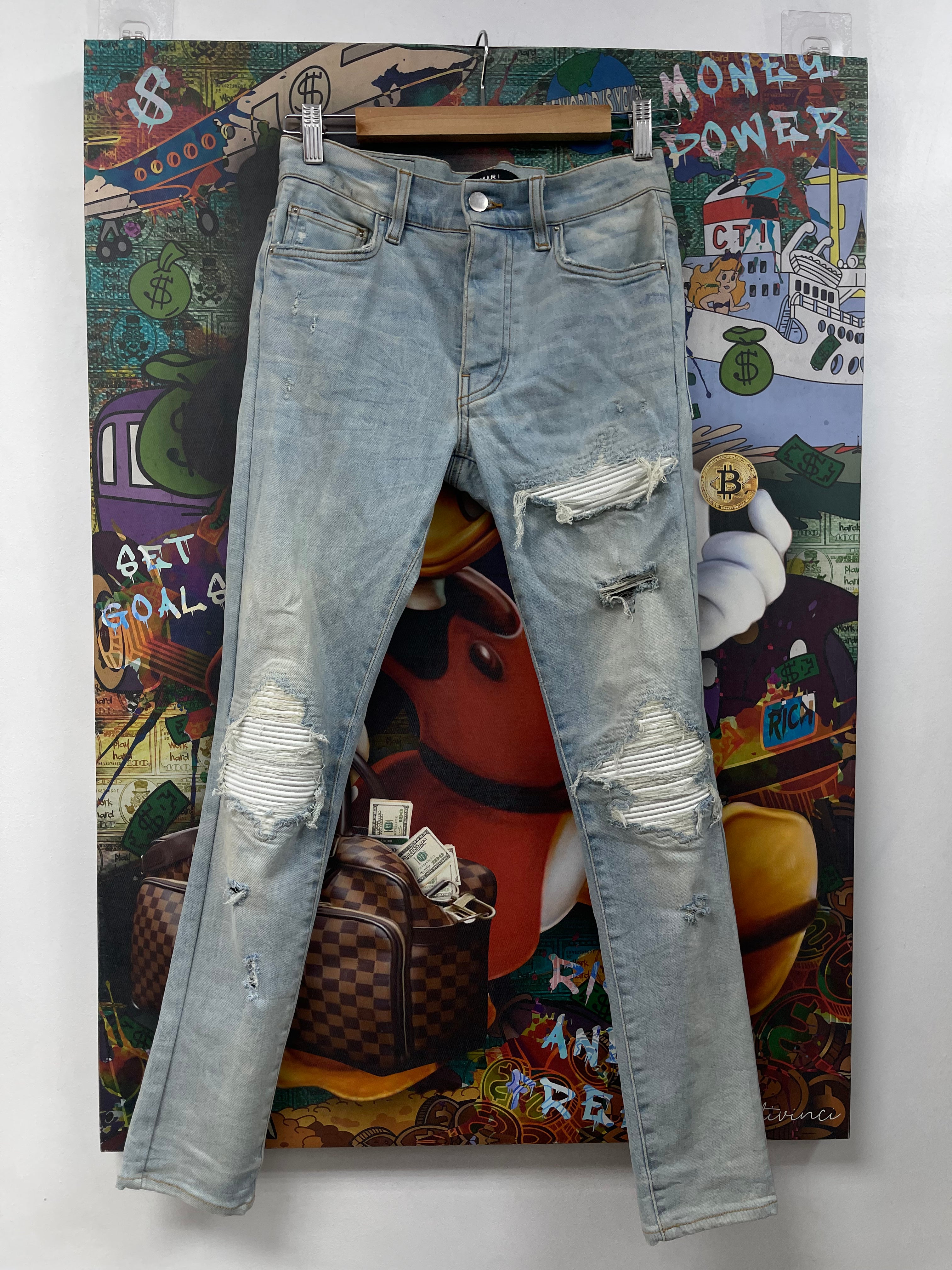 Amiri MX1 Light Wash White Leather Patch Jeans