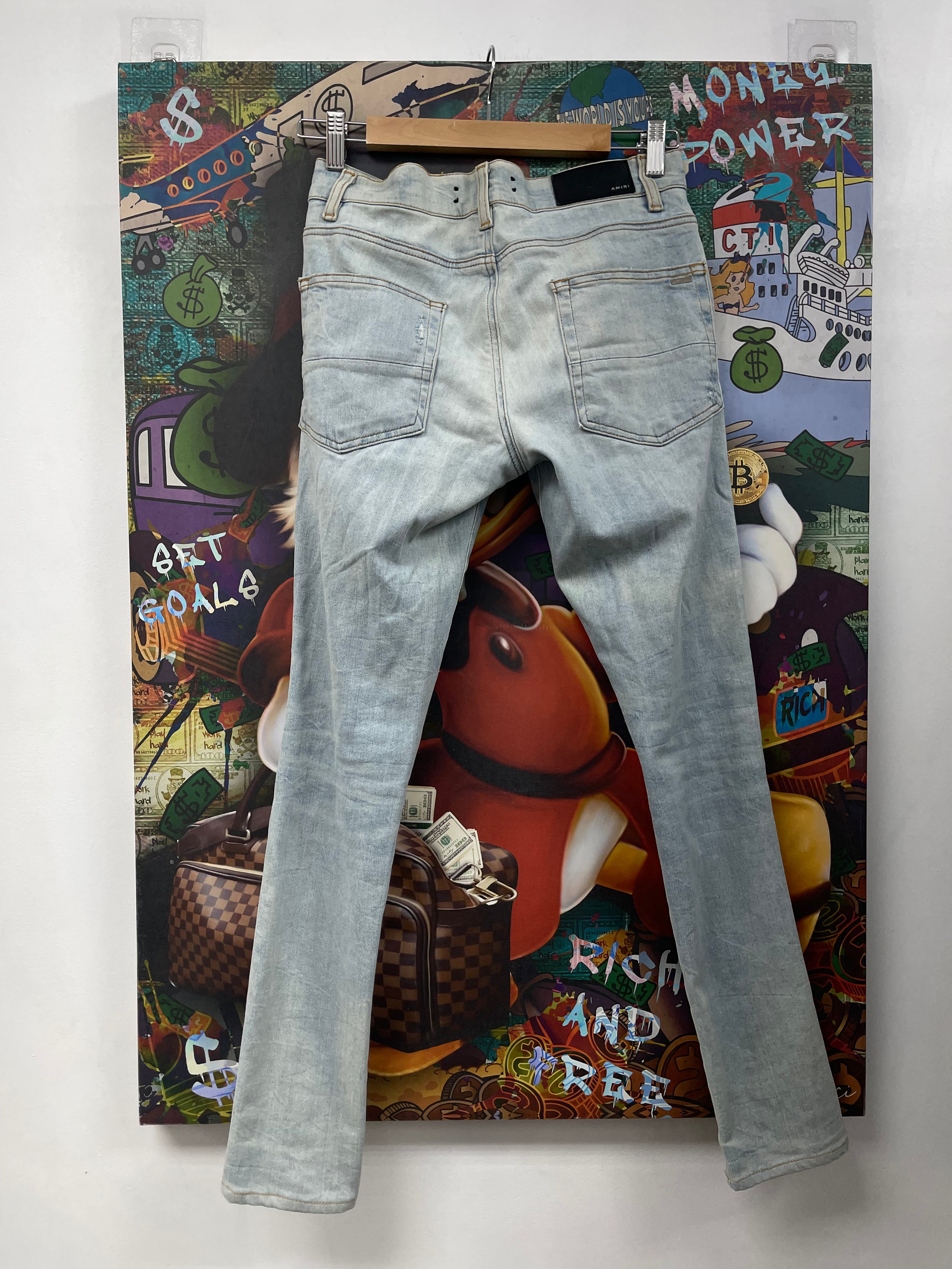 Amiri MX1 Light Wash White Leather Patch Jeans