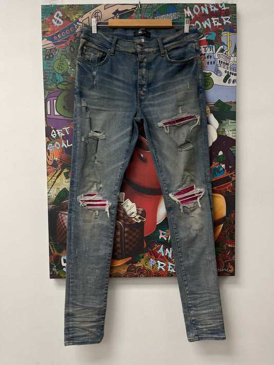 Amiri MX1 Light Wash Pink Crackle Patch Jeans Used