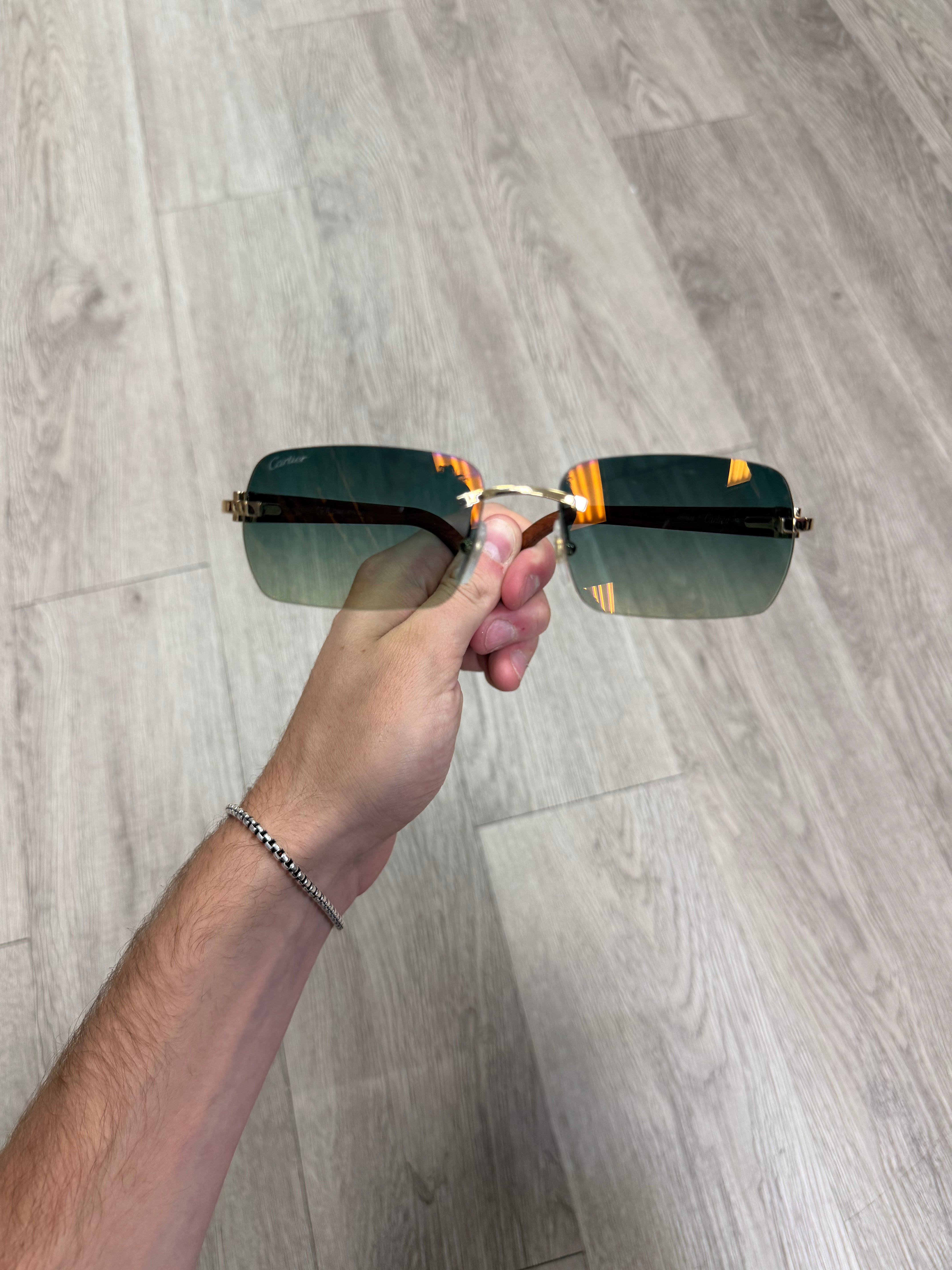 Cartier Gold C Wire Brown Wood Dark Green Lense Sunglasses