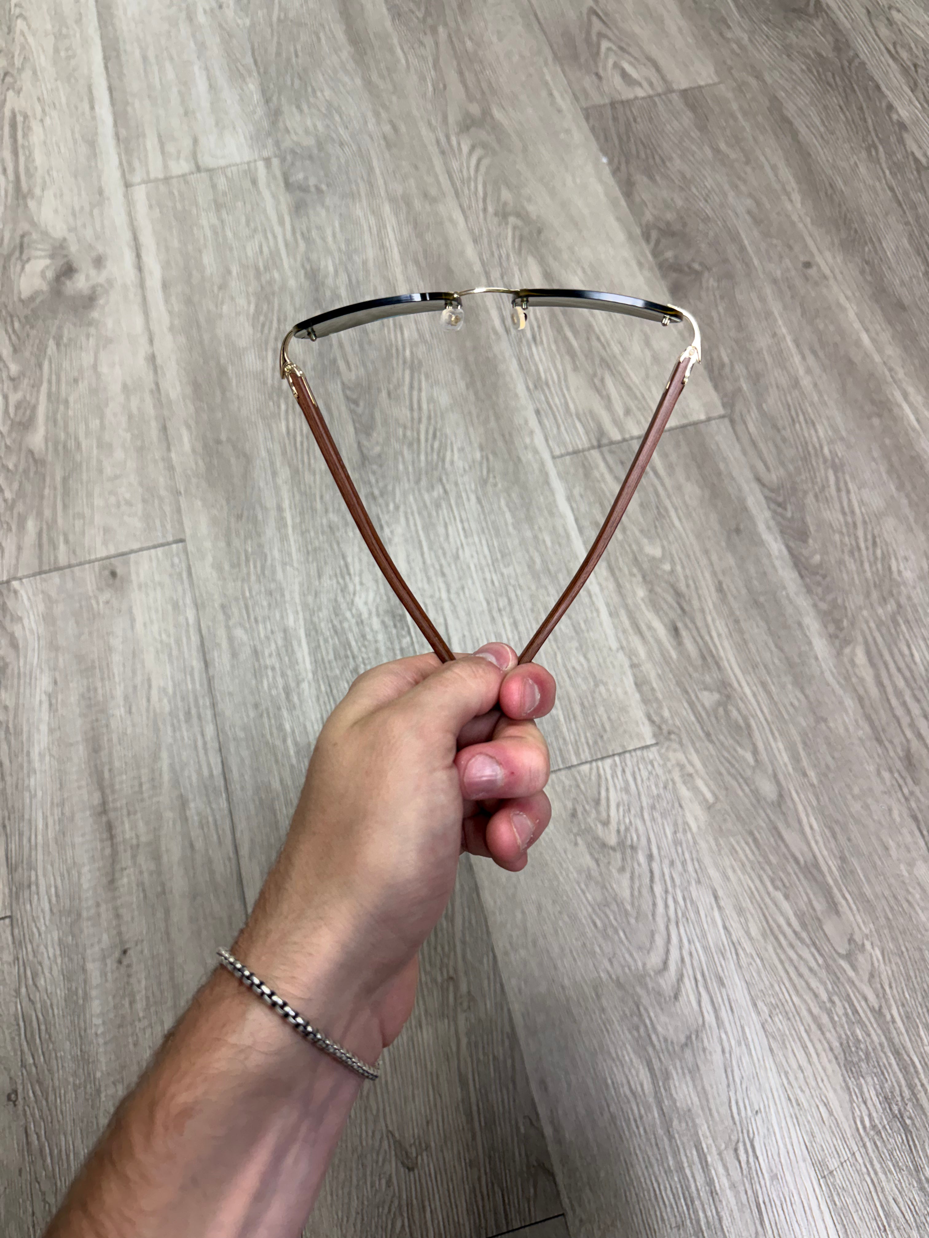 Cartier Gold C Wire Brown Wood Dark Green Lense Sunglasses