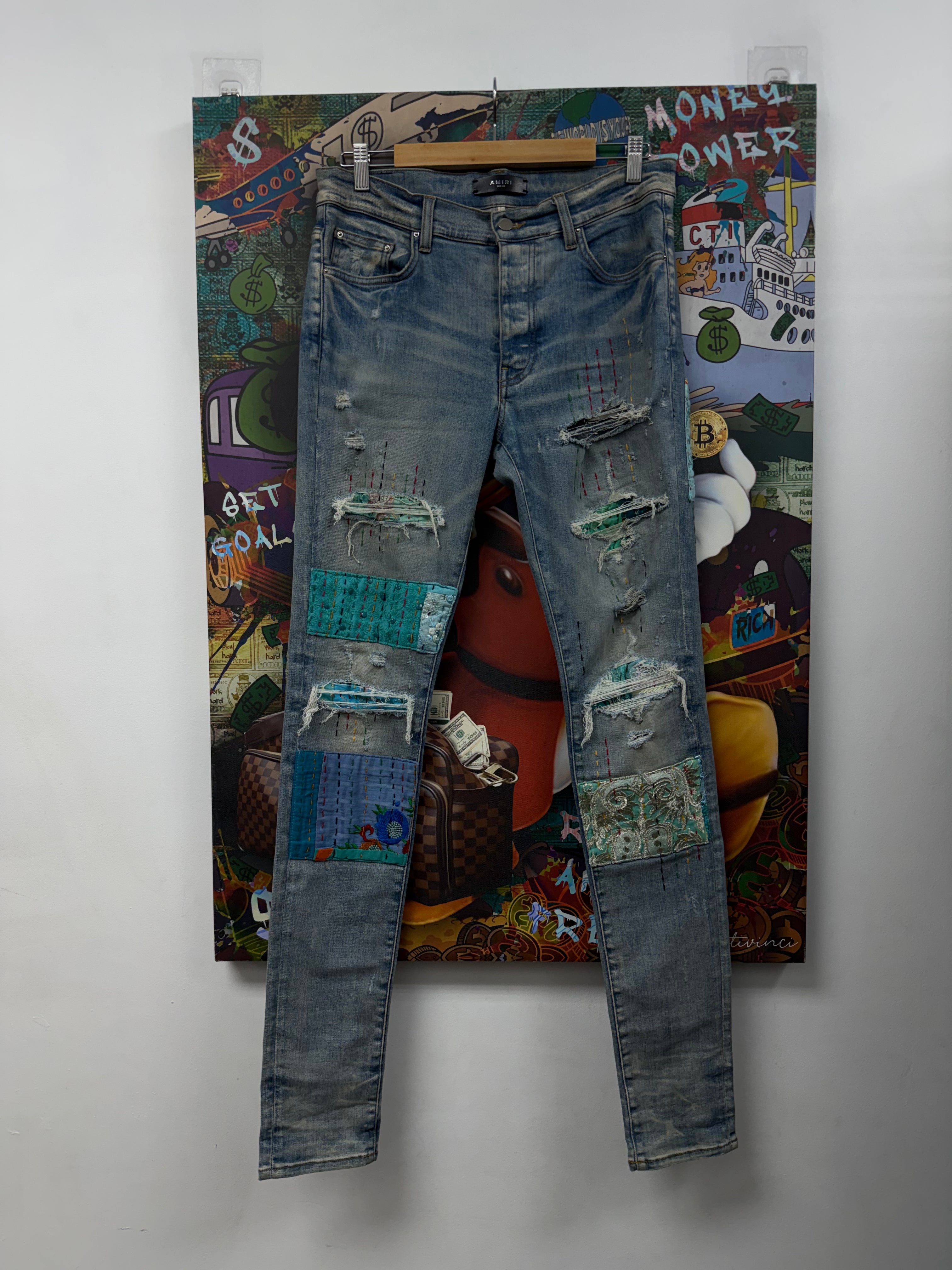 Amiri Light Wash Quilted Patch Jeans