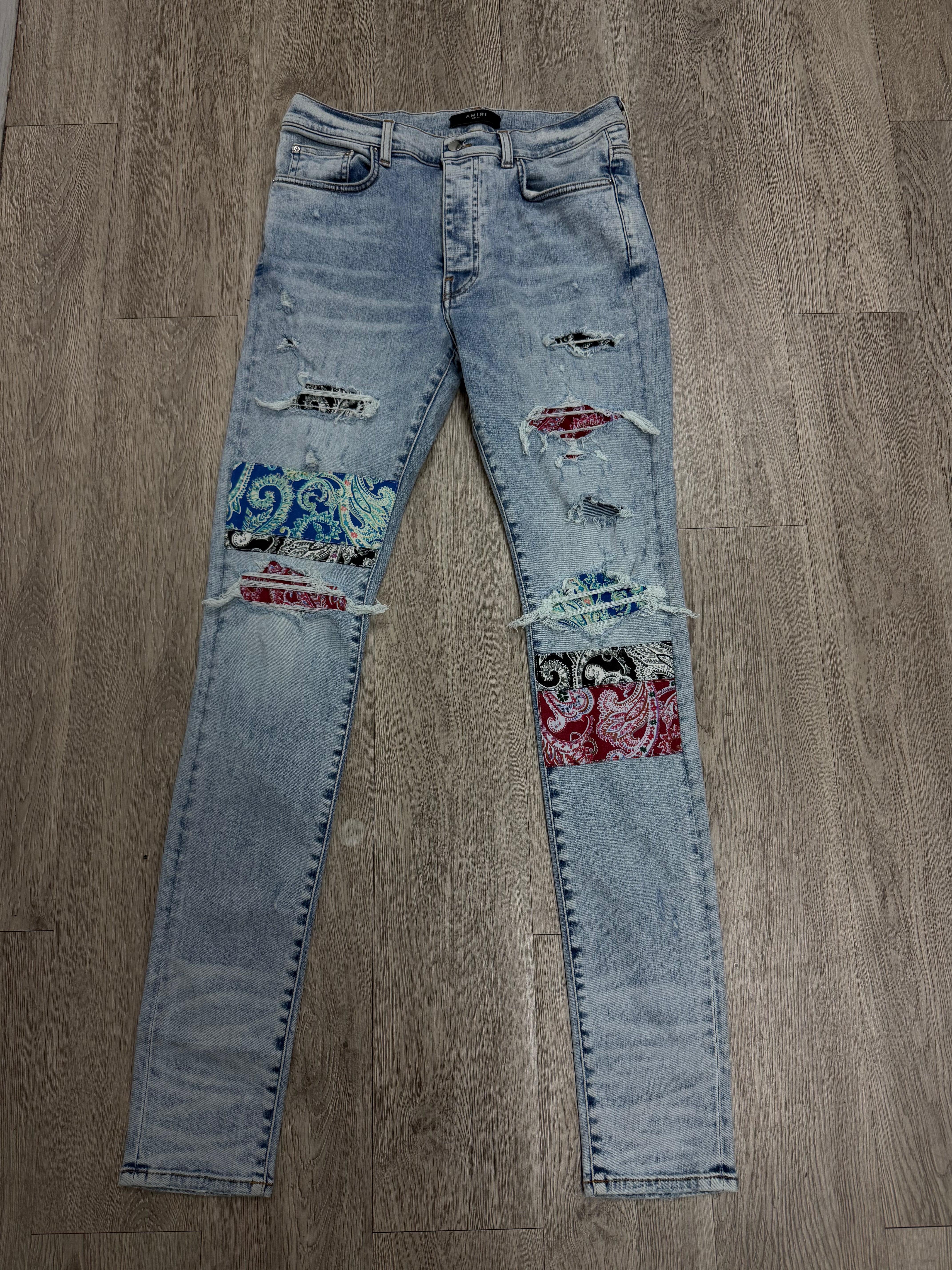 Amiri Light Wash Pajama Paisley Patchwork Jeans