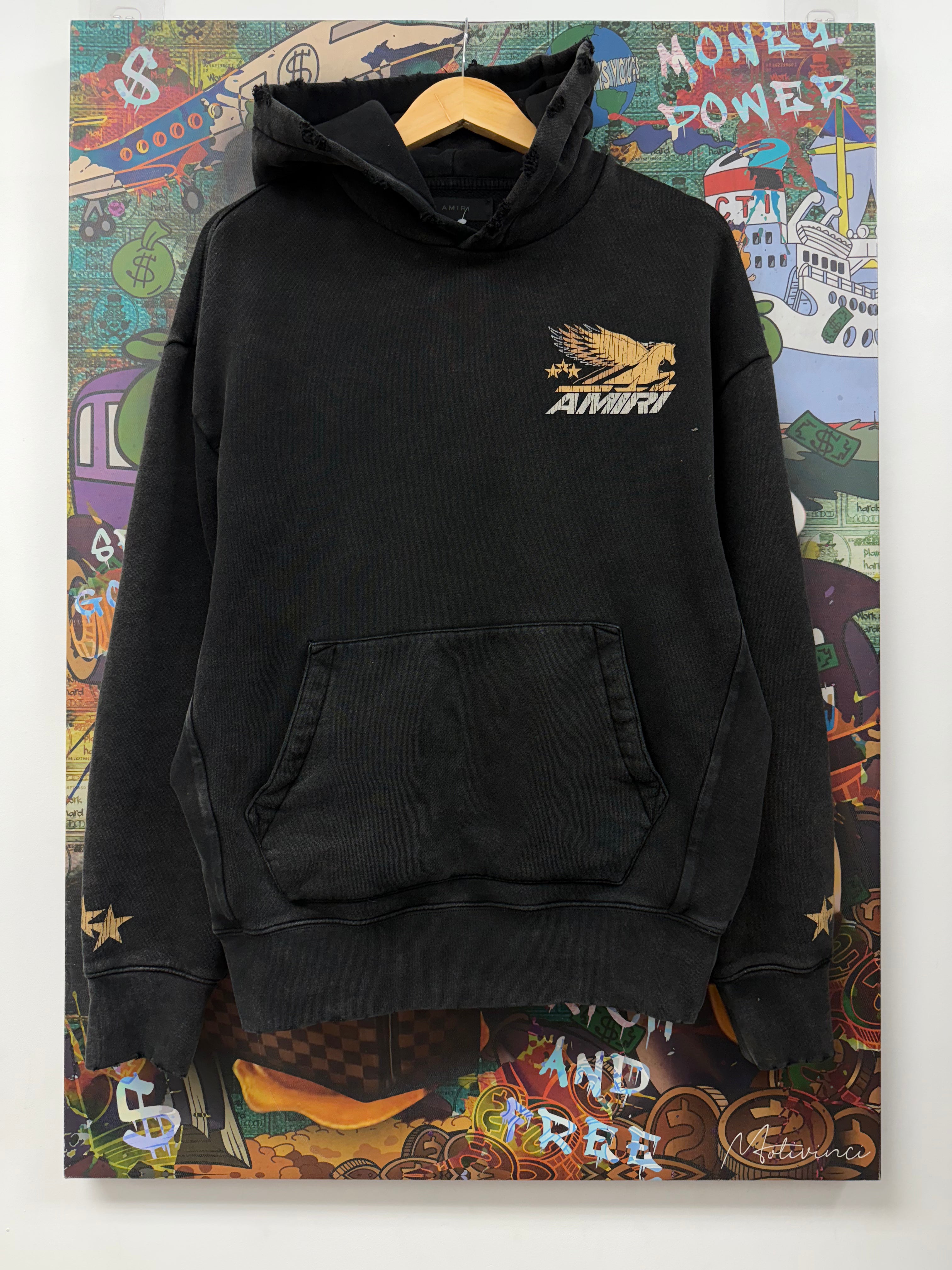 Amiri Pegasus Yellow Logo Faded Black Hoodie