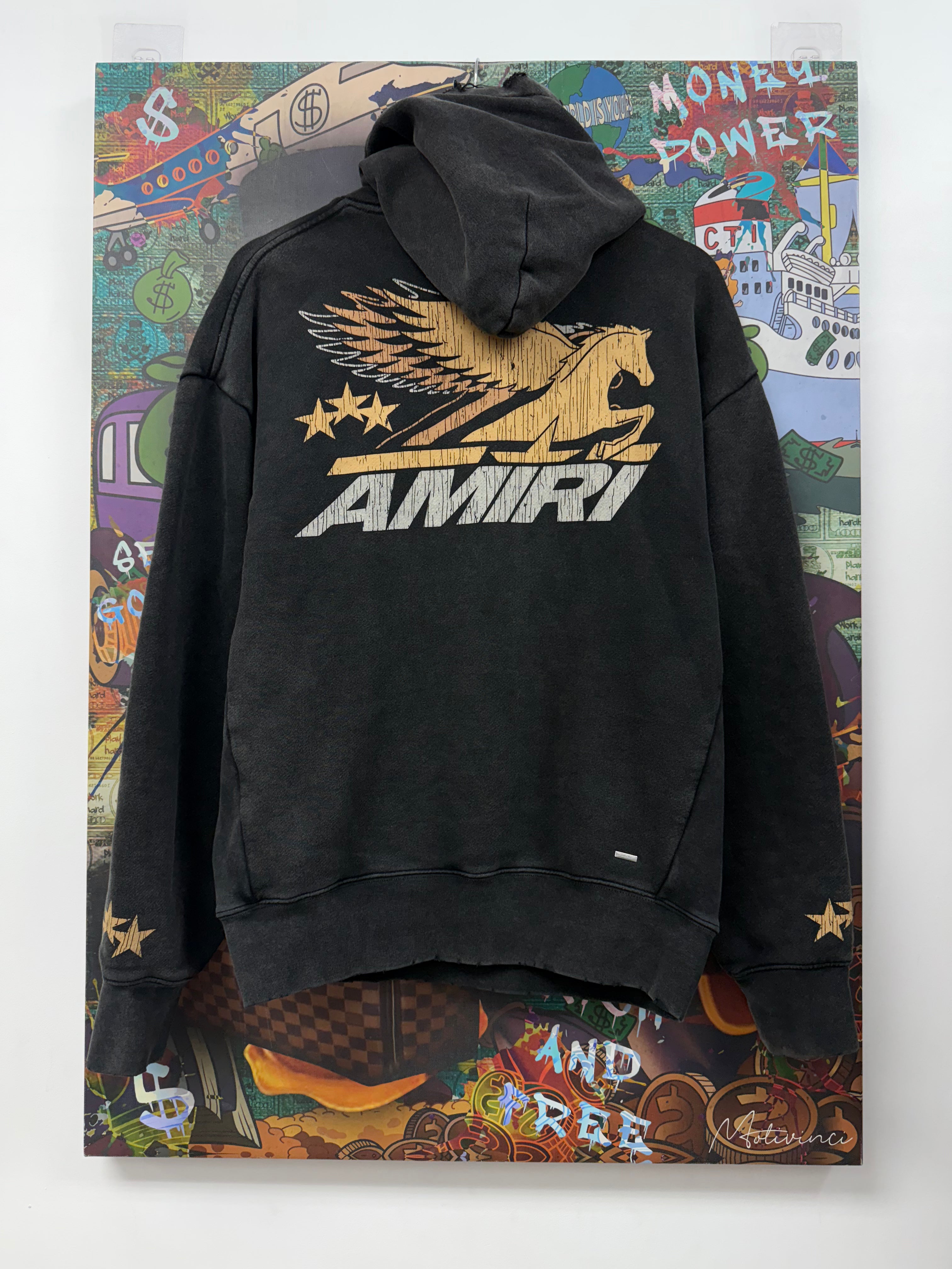 Amiri Pegasus Yellow Logo Faded Black Hoodie