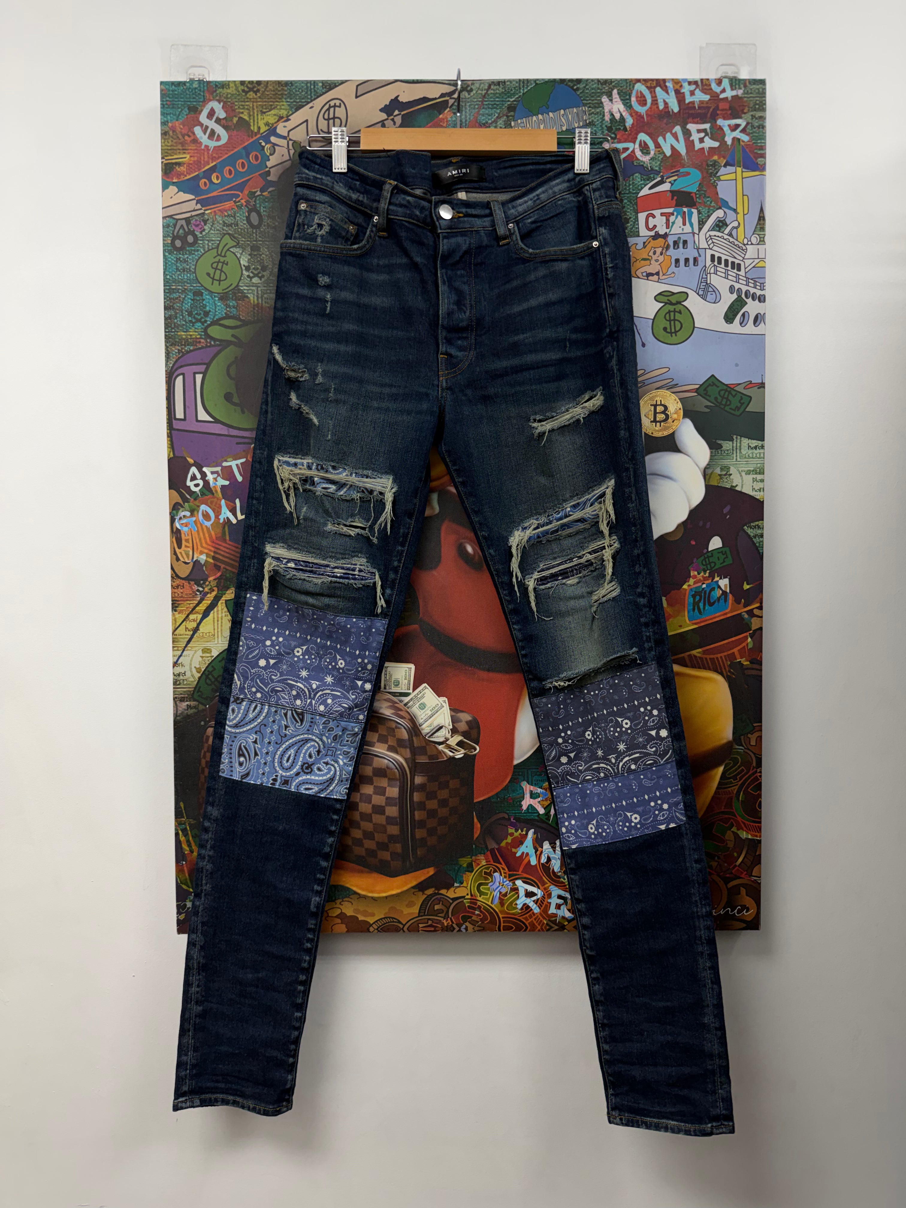 Amiri Dark Wash Bandana Patch Jeans