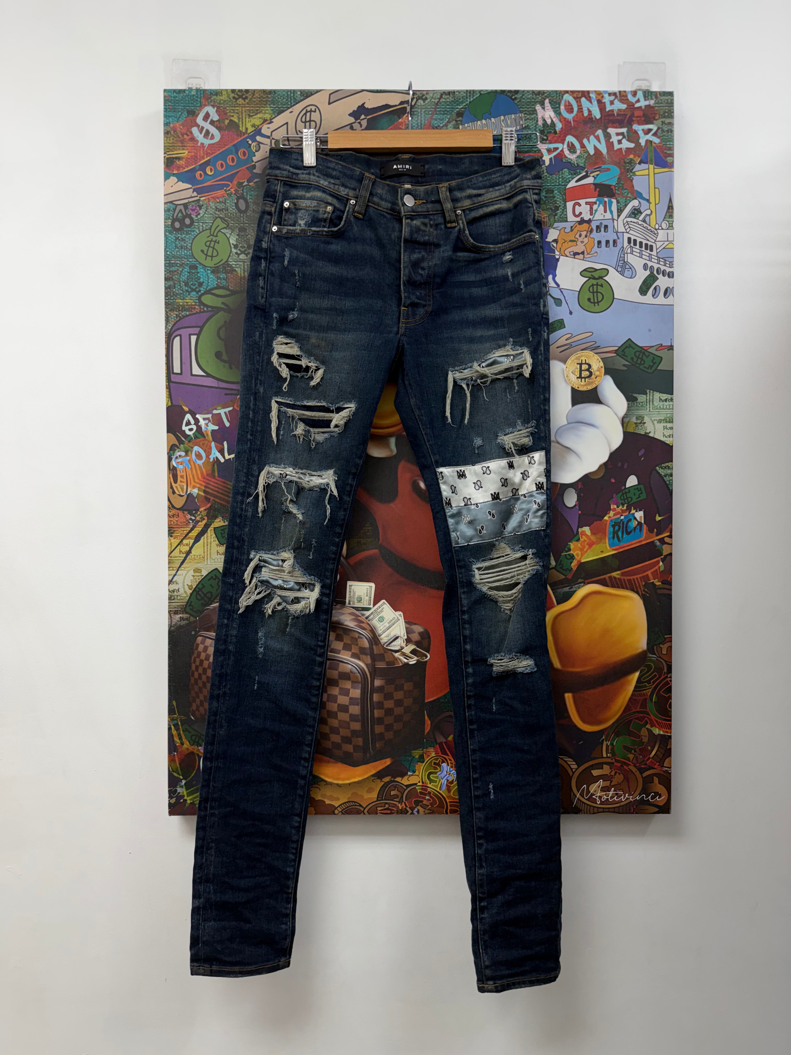 Amiri Navy Wash Silk  Baby Blue Patchwork Jeans