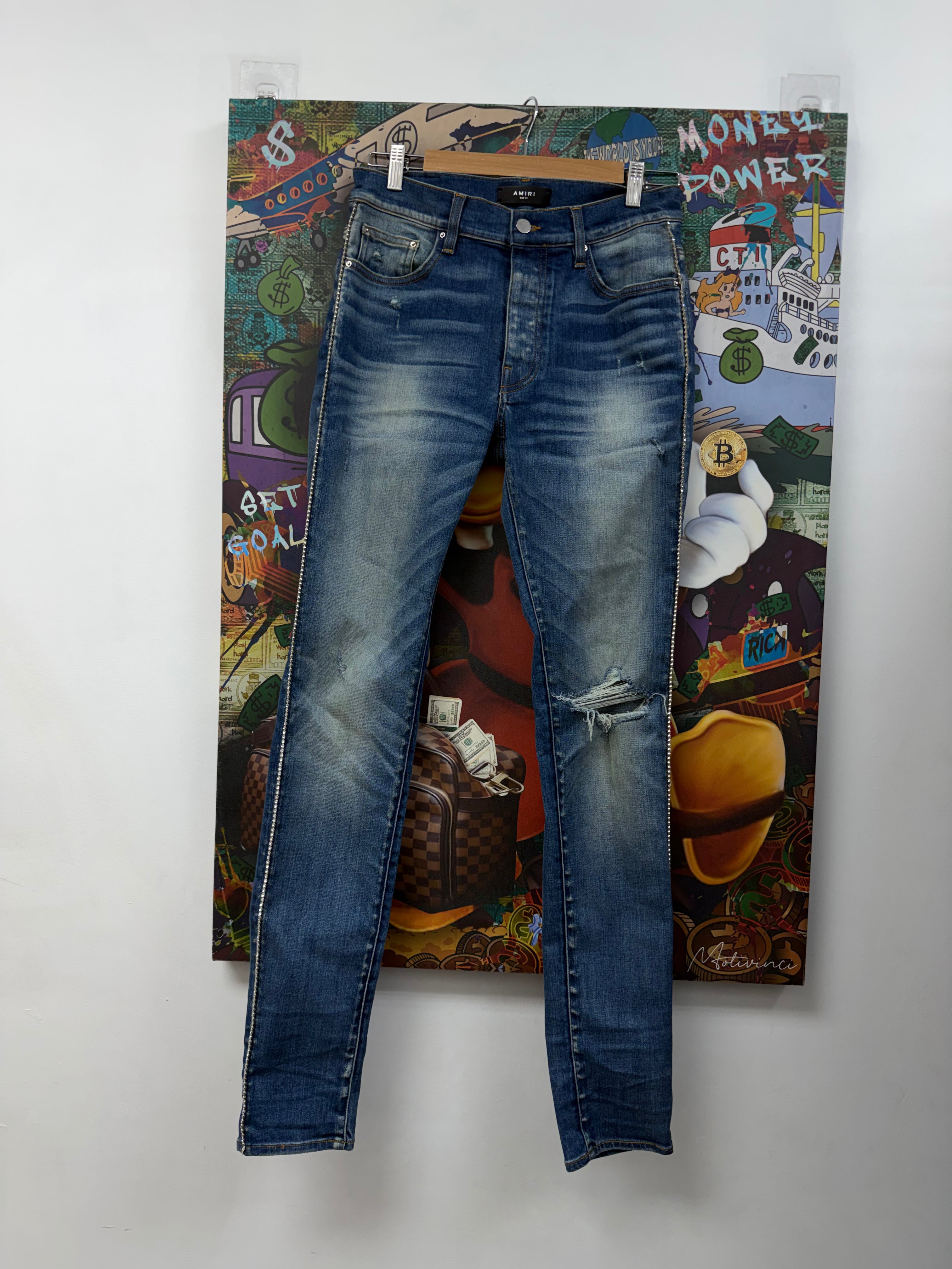 Amiri Light Wash Crystal Rhinestone Track Stripe Jeans