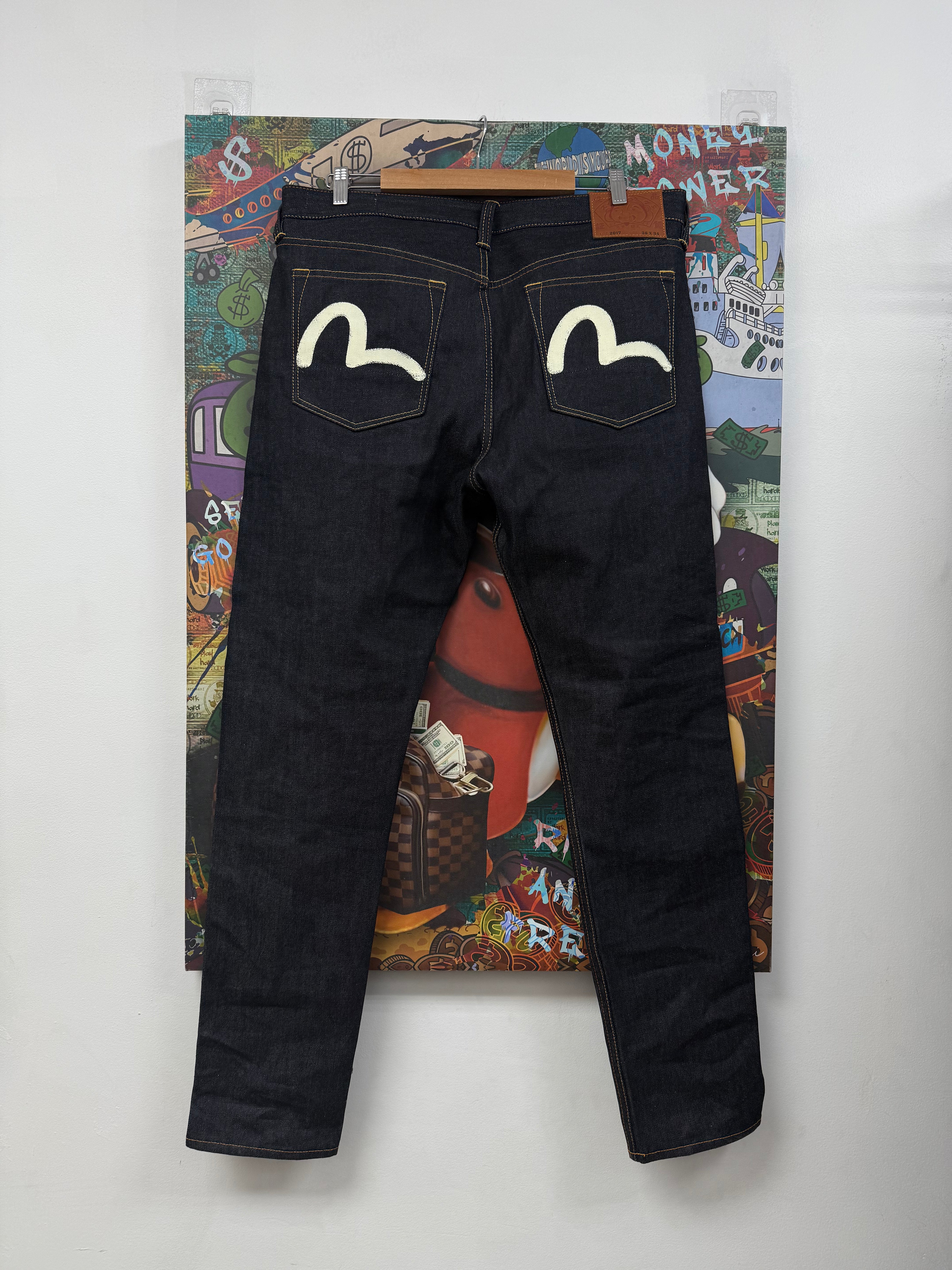 Evisu Navy Cream Back Pocket Logo Jeans