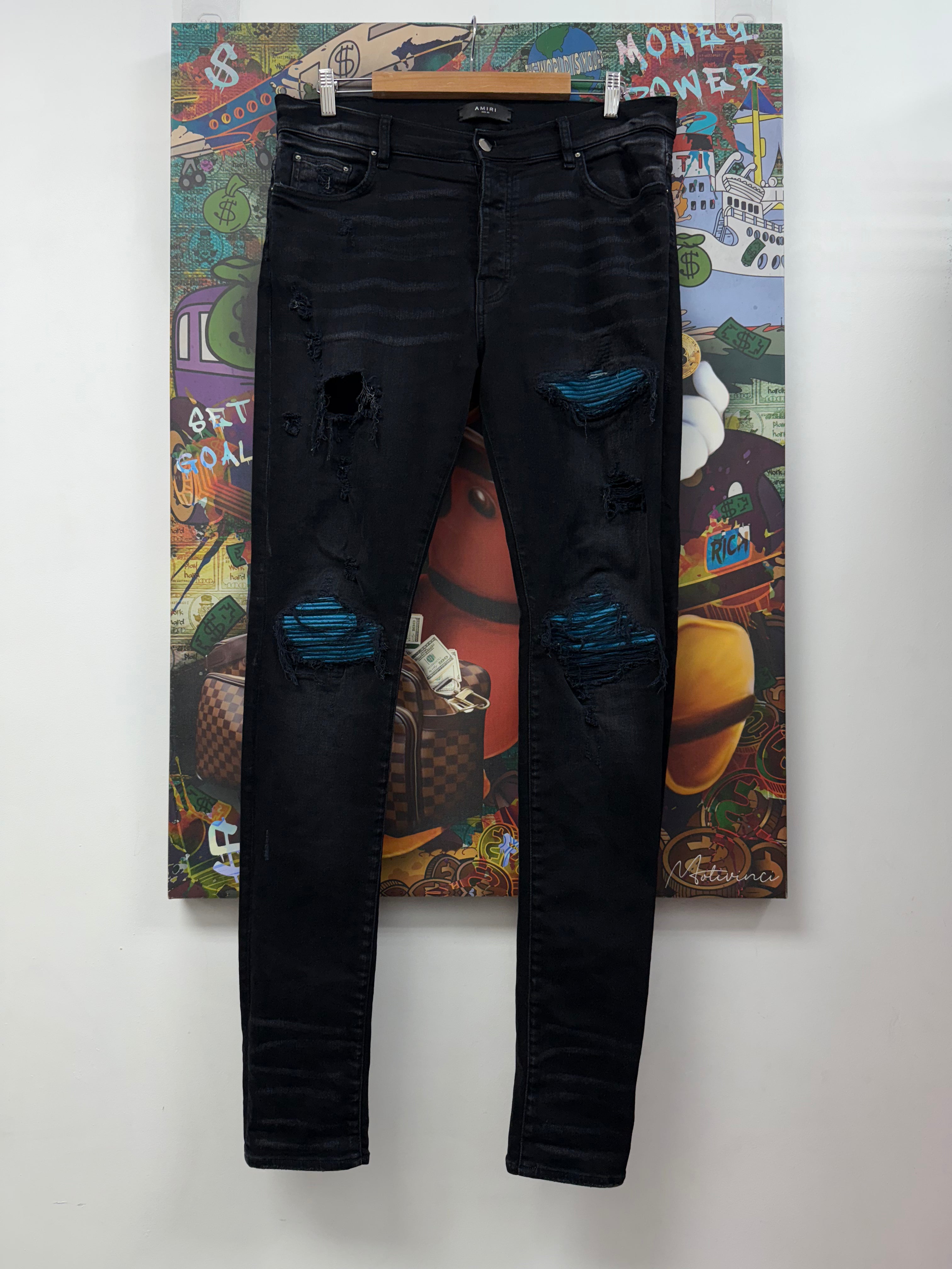 Amiri MX1 Black Wash Blue Crackle Patch Jeans