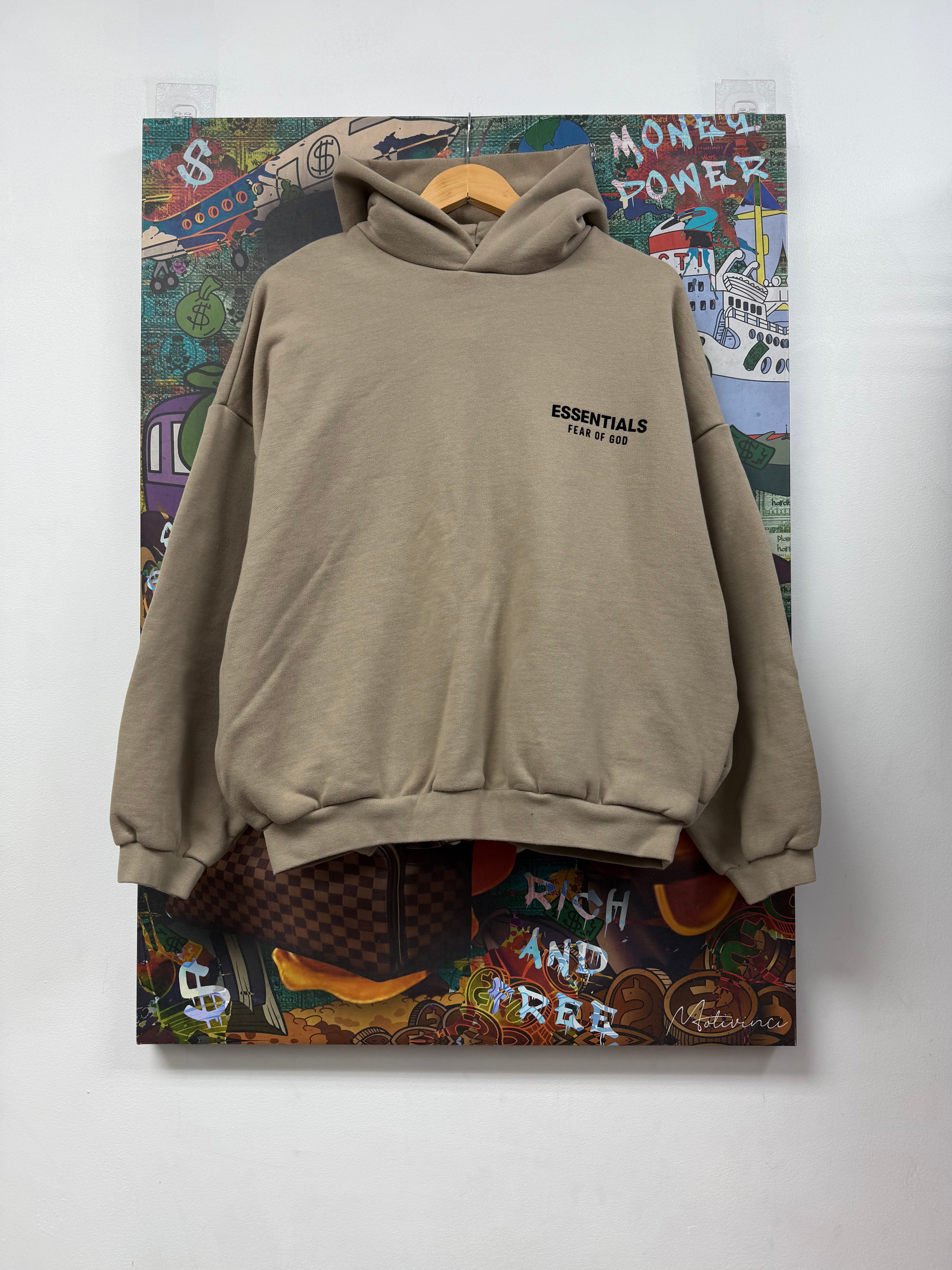 Essentials Tan Black Logo Pullover Hoodie