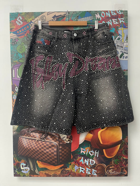 VALE Iced Out Jorts Black Wash New With Tags