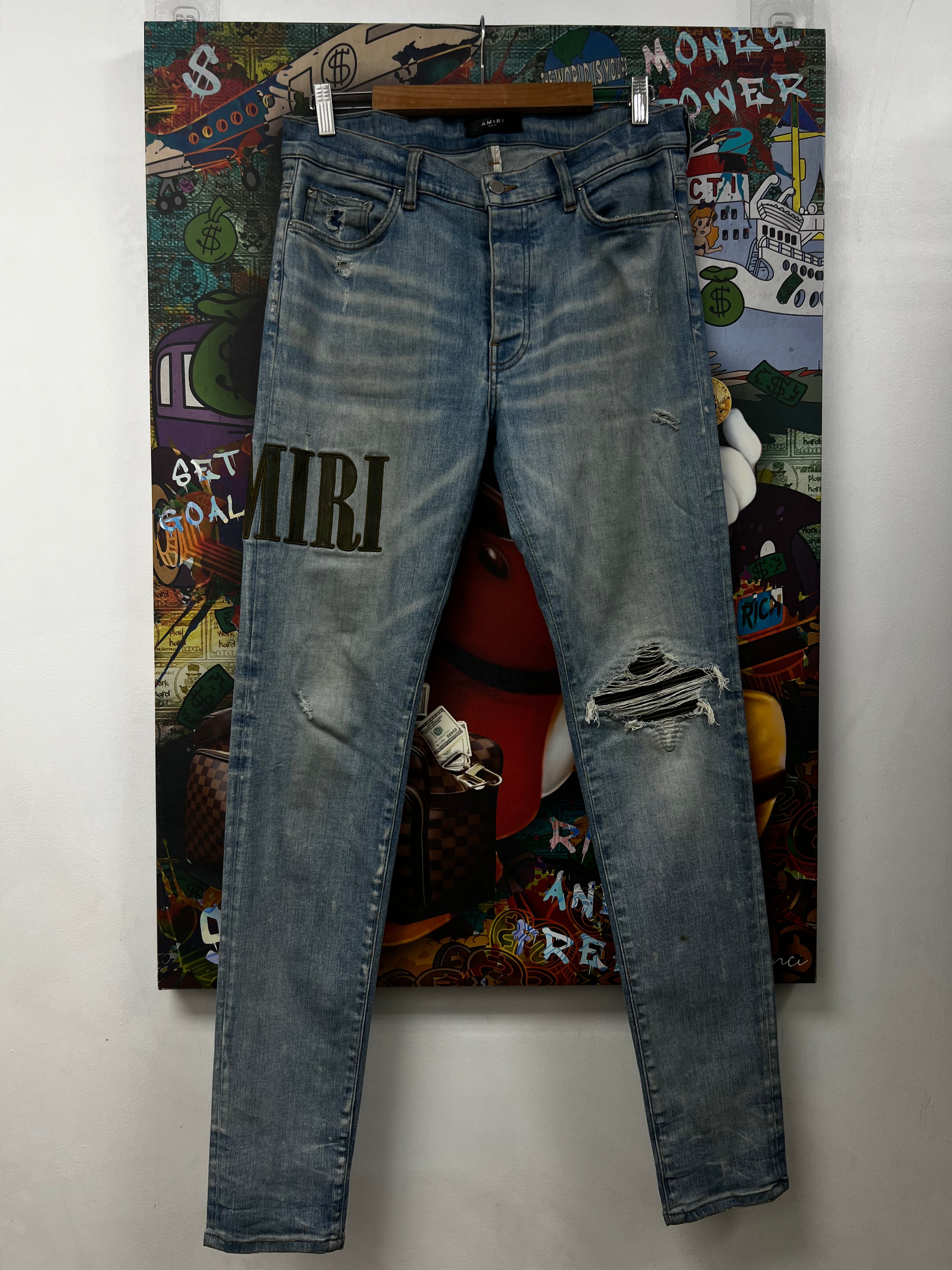 Amiri Light Wash Camo Patch Side Logo Jeans