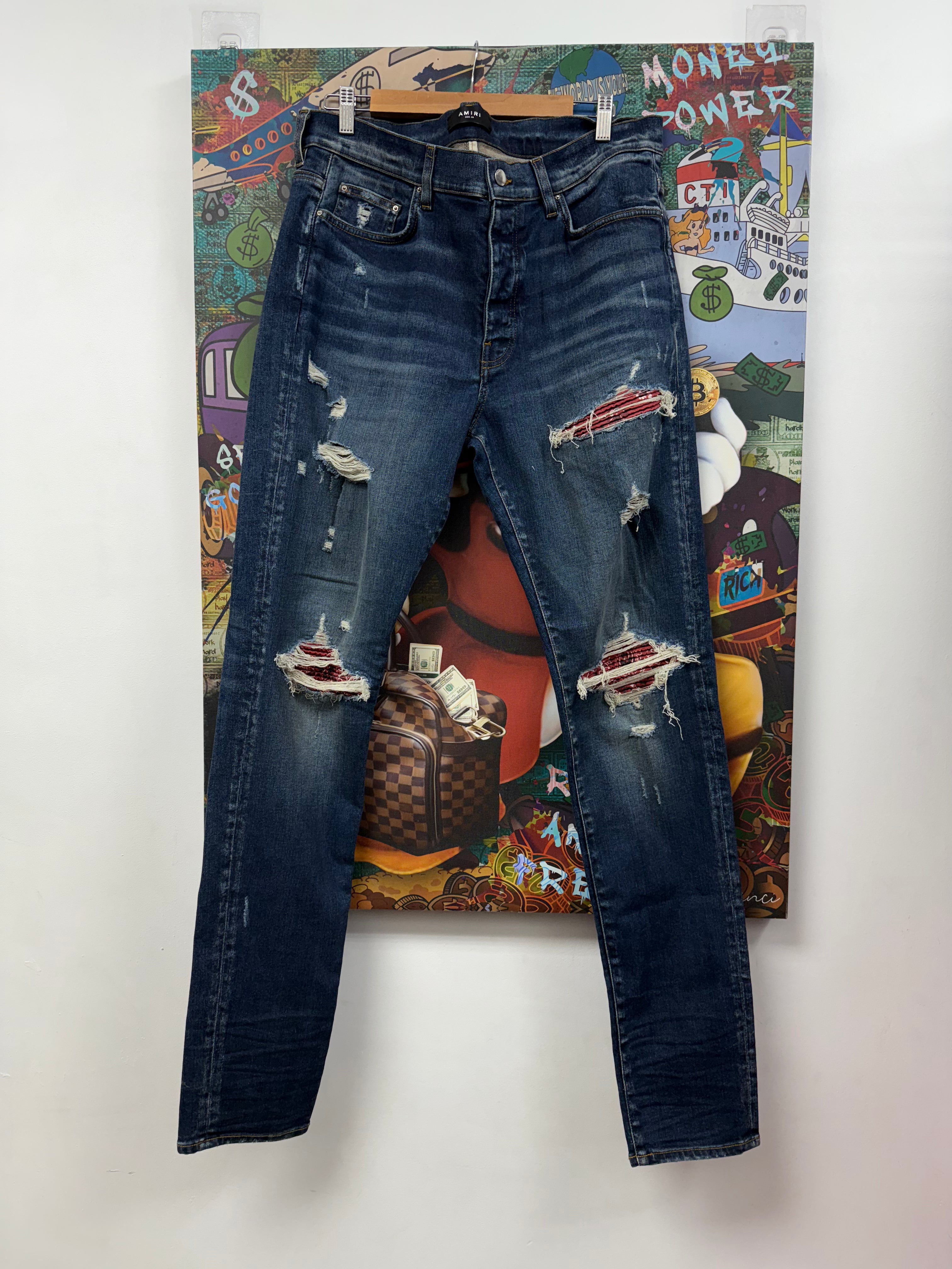 Amiri MX1 Dark Wash Red Paisley Jeans