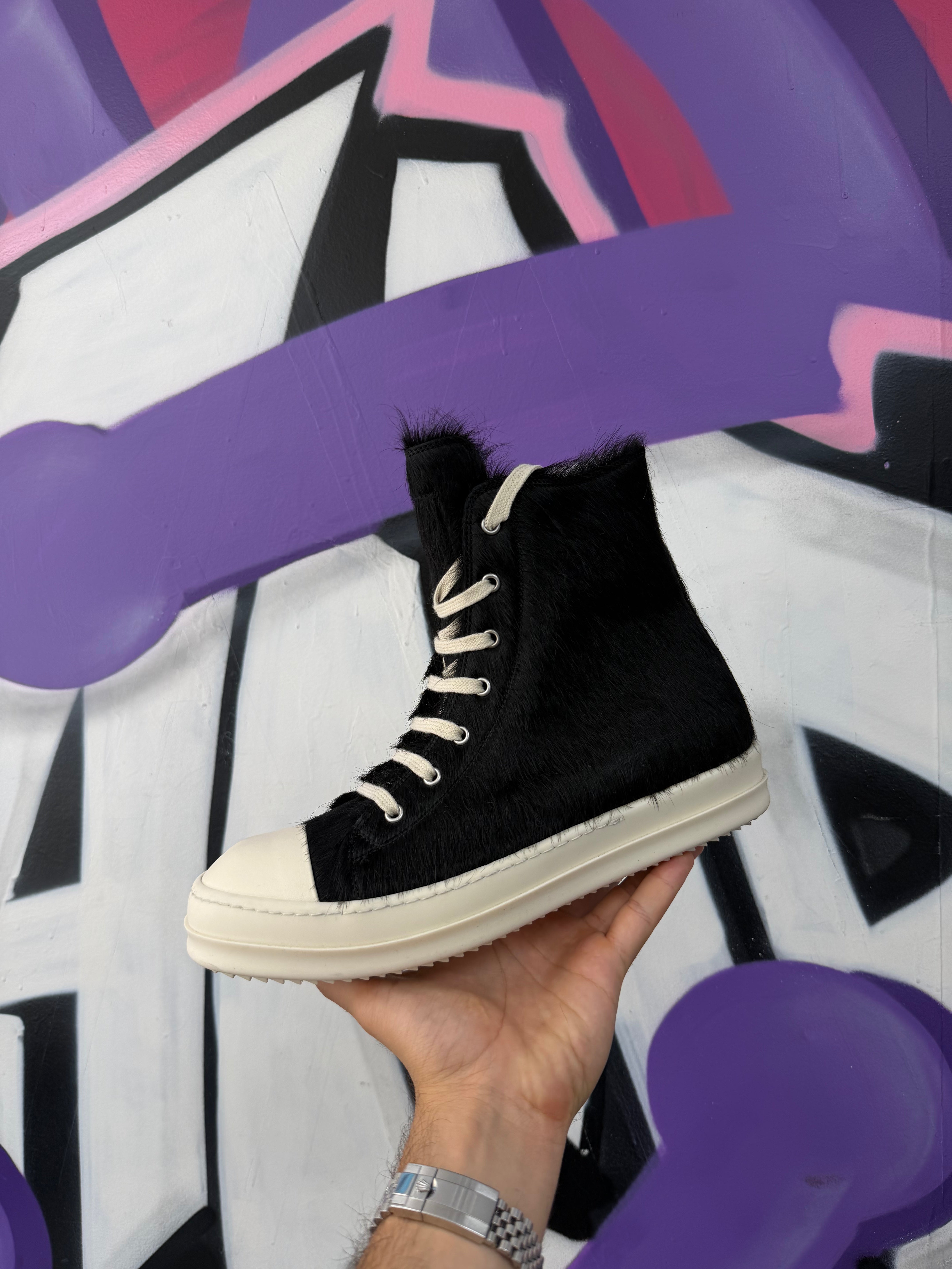 Rick Owens Black Ponyhair Ramone High Sneakers