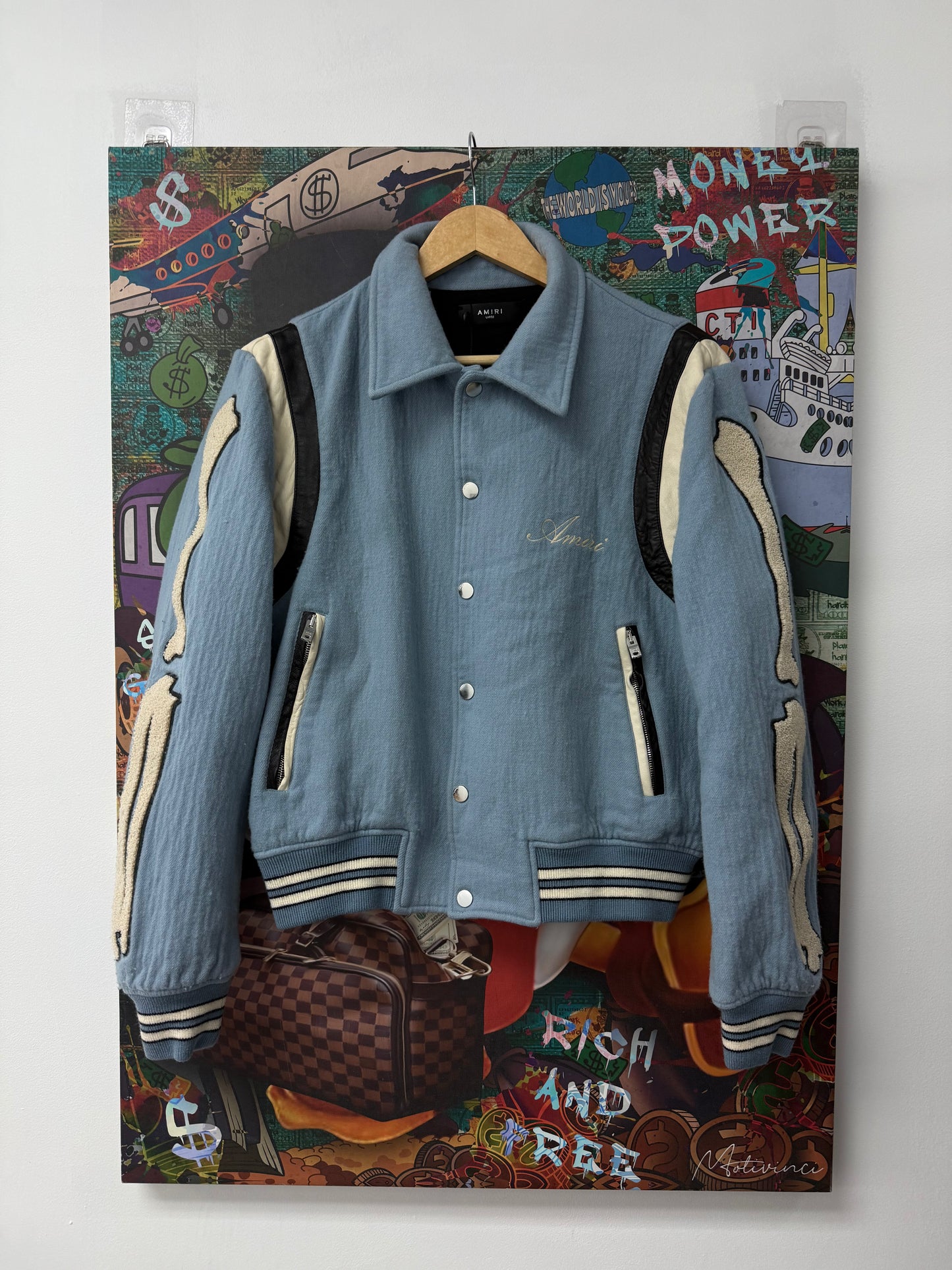 Amiri Bone Varsity Jacket Baby Blue Used Large (Fits Small)