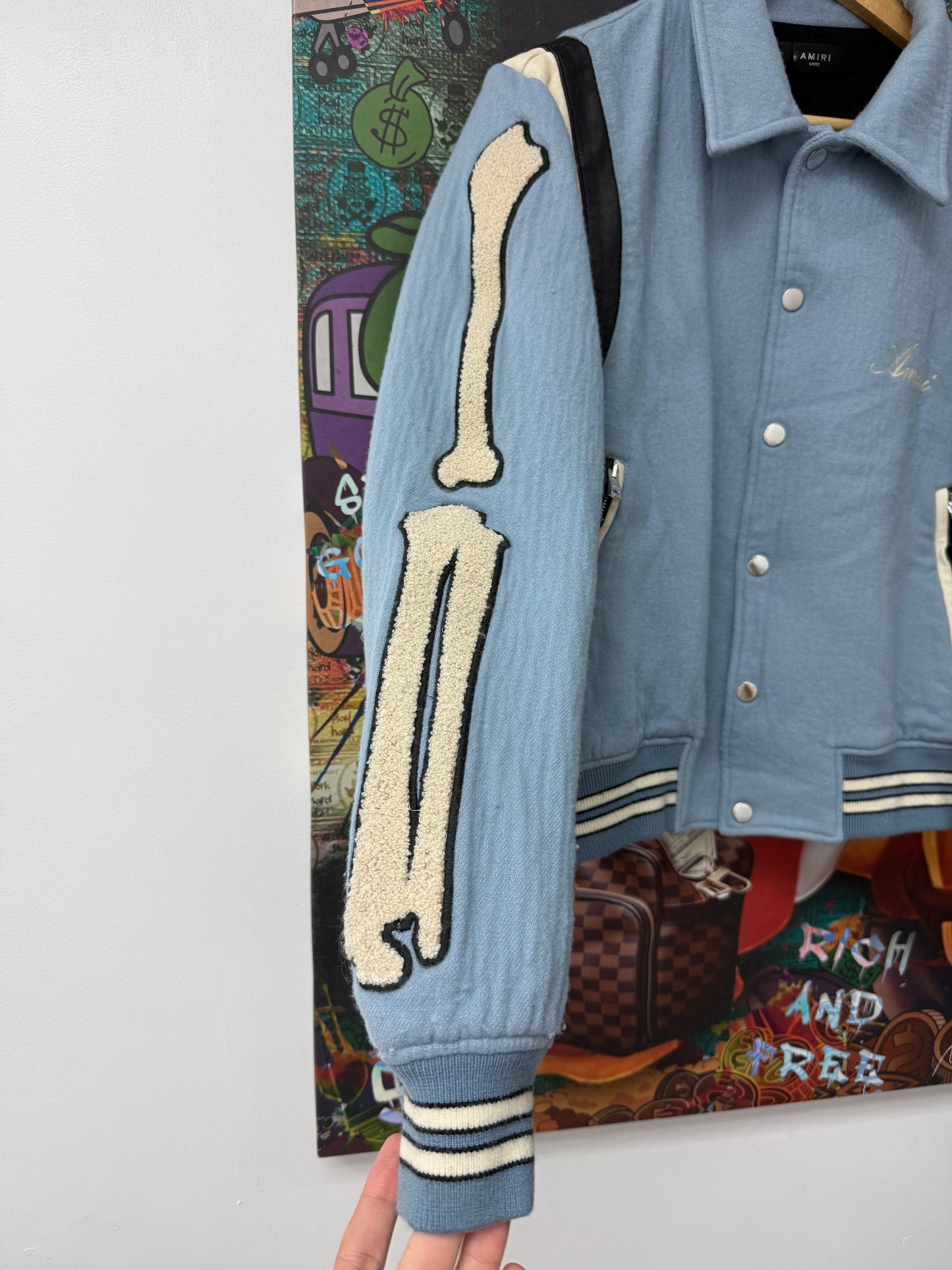 Amiri Bone Varsity Jacket Baby Blue Used Large (Fits Small)