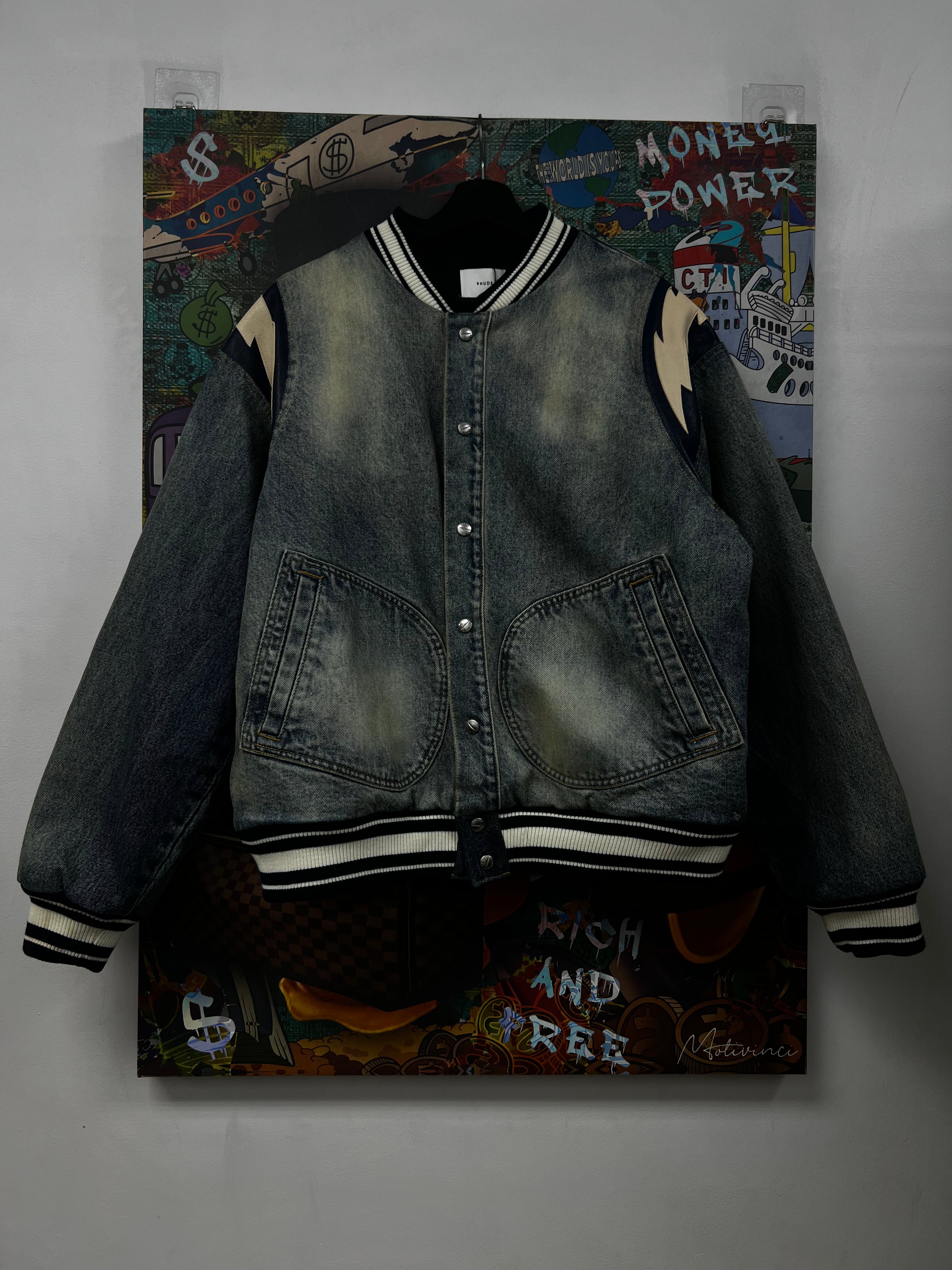 Rhude Denim Leather Varsity Jacket