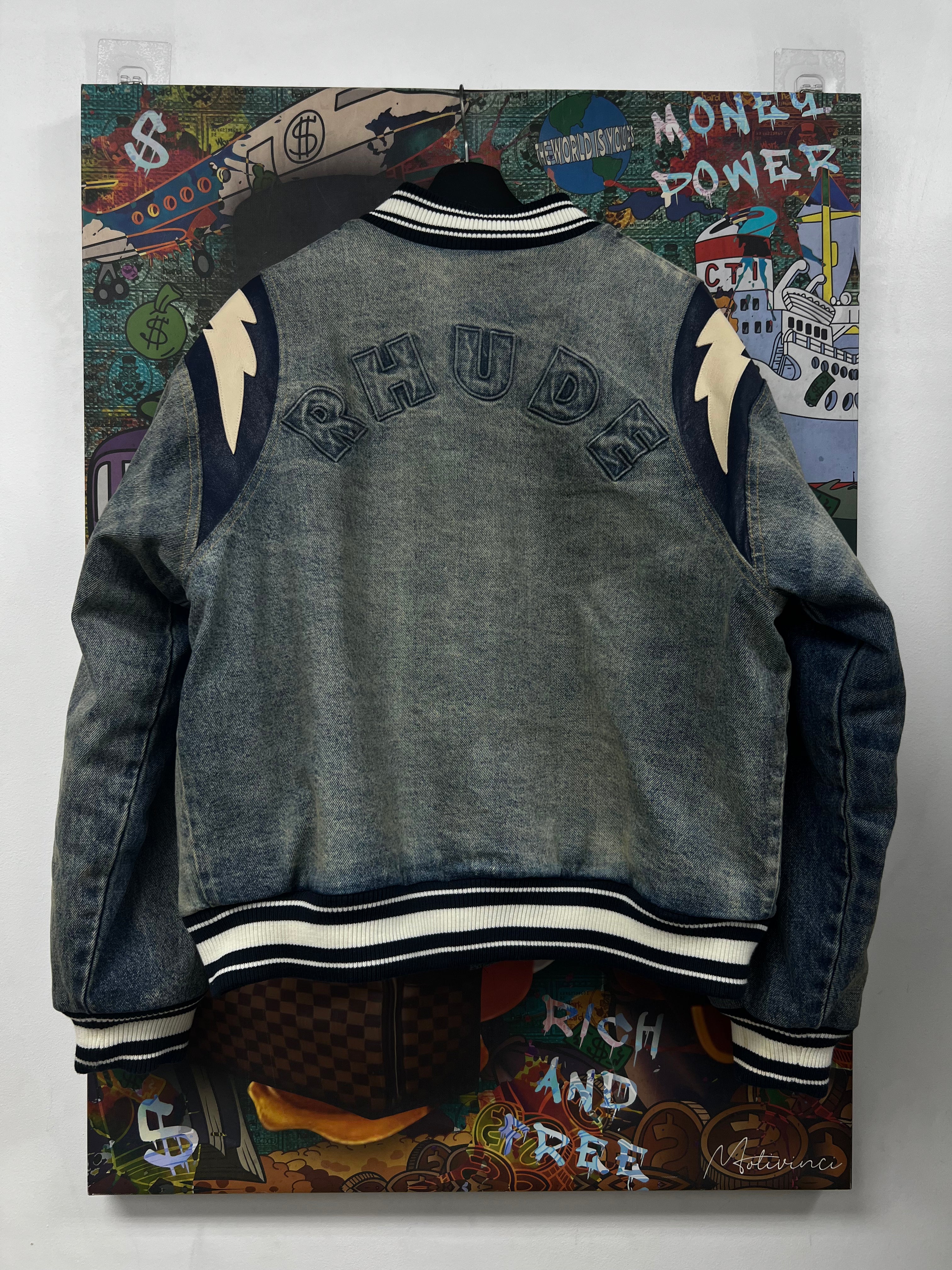 Rhude Denim Leather Varsity Jacket