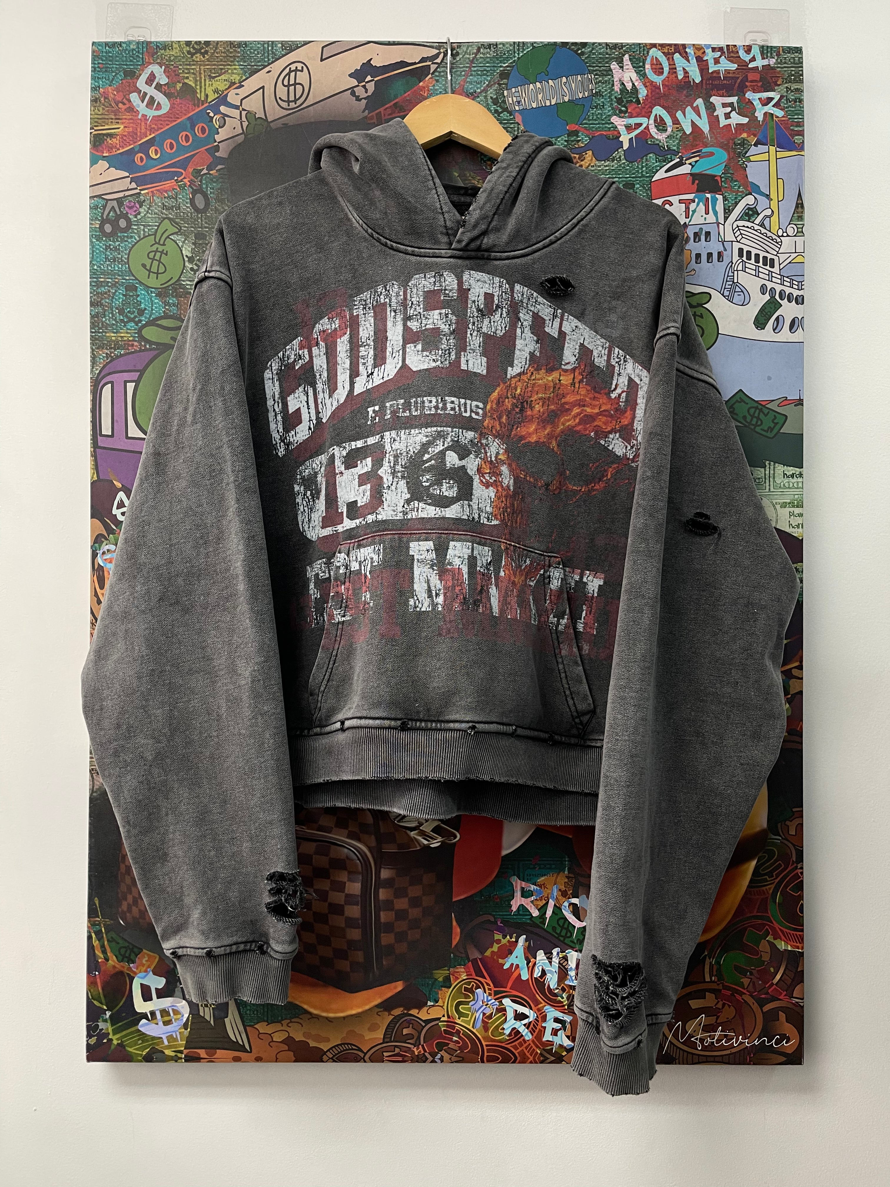Godspeed Grey Flames Skull Distressed Hoodie