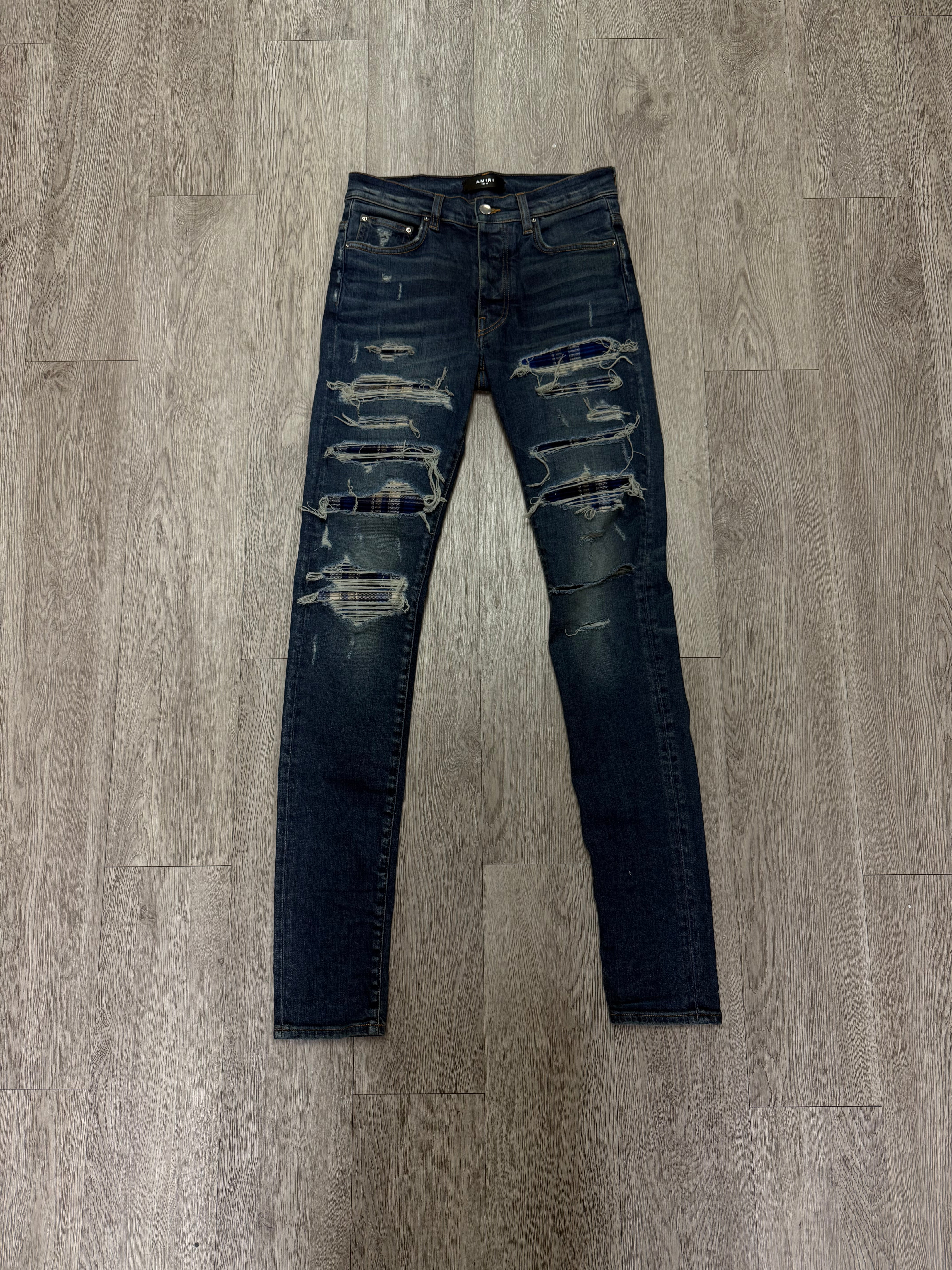 Amiri Deep Classic Navy Plaid Thrasher Patch Jeans