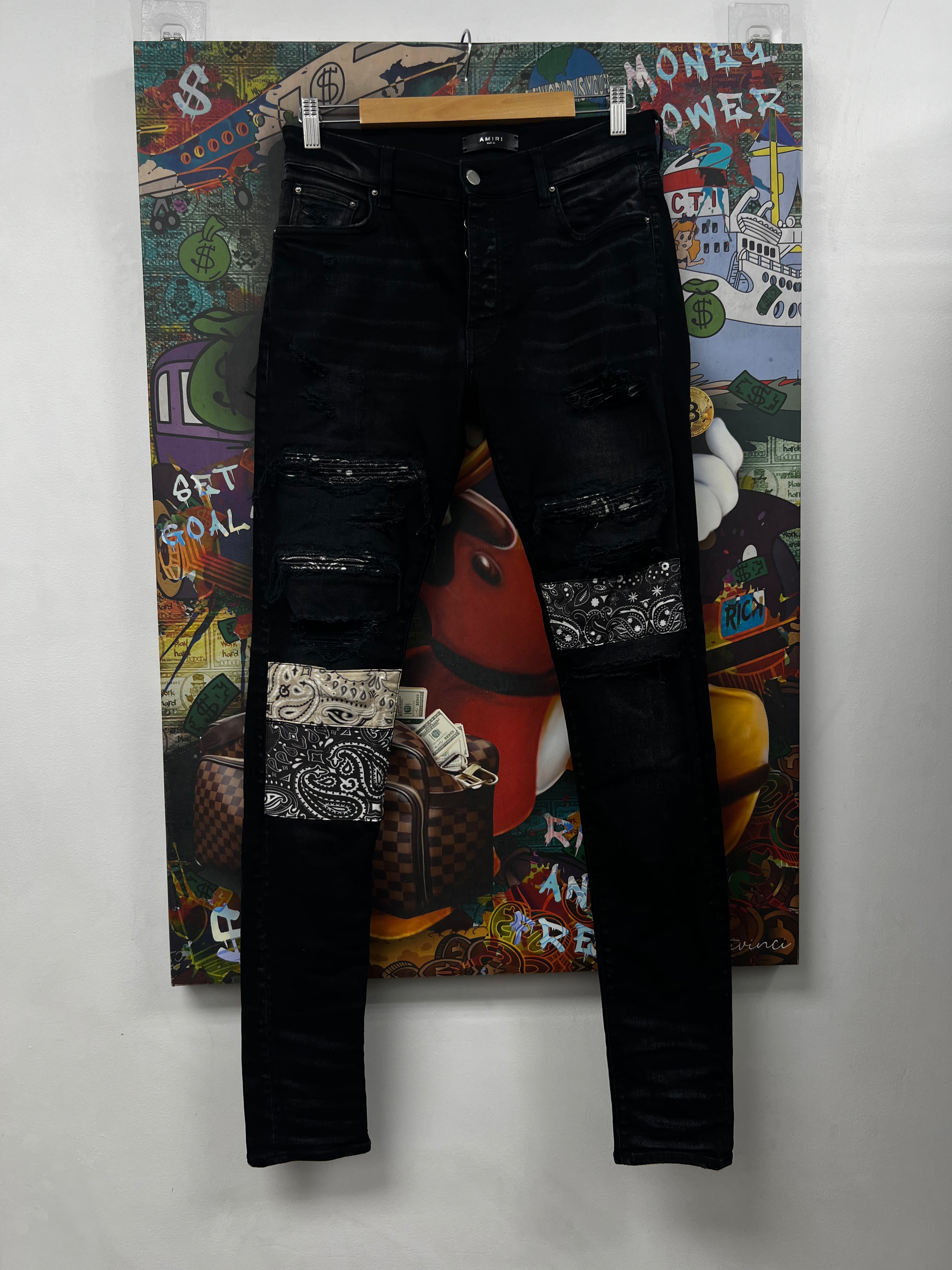Amiri Black Wash Vintage Paisley Patchwork Jeans