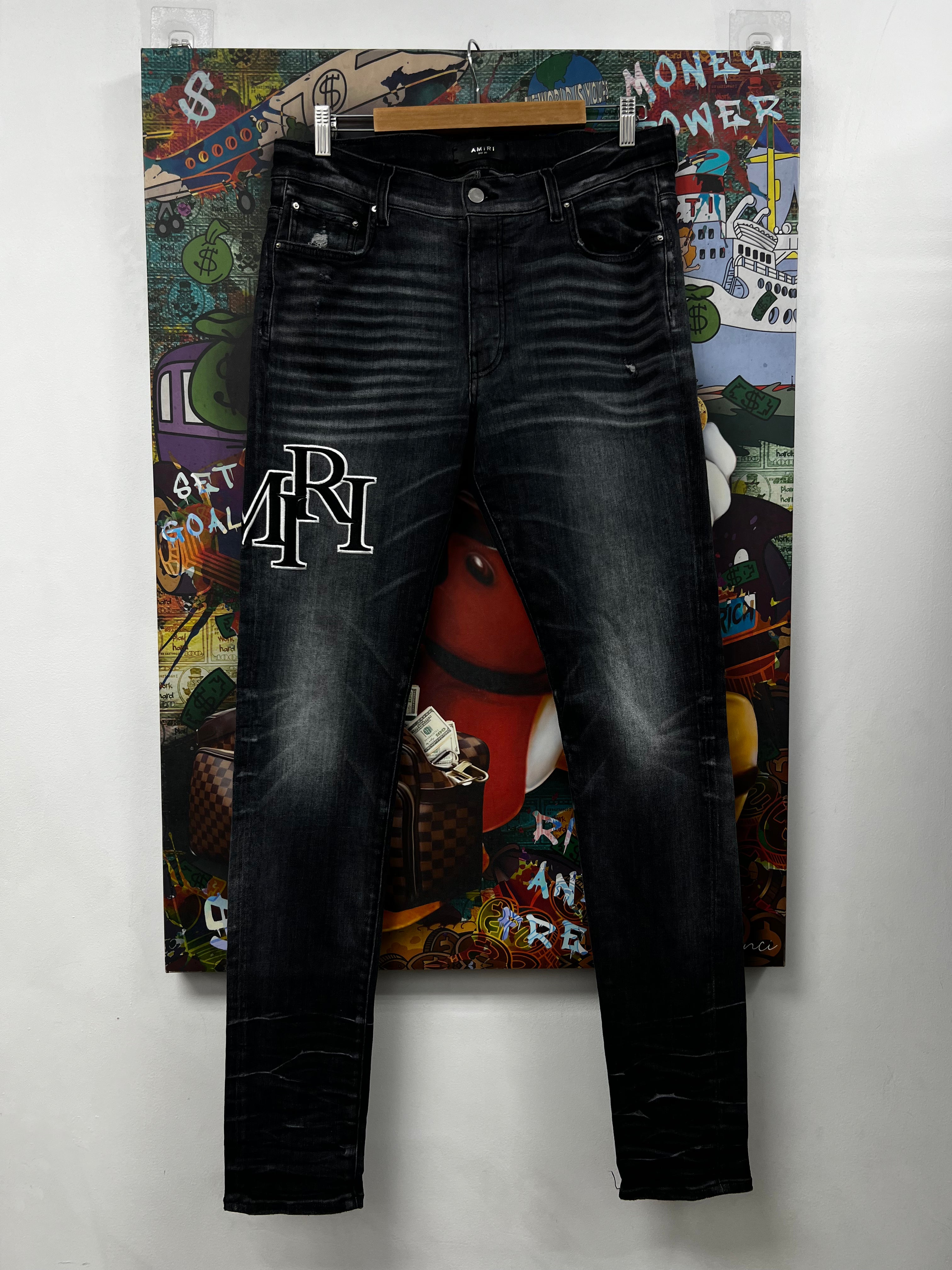 Amiri Grey Black Staggered Side Logo Jeans