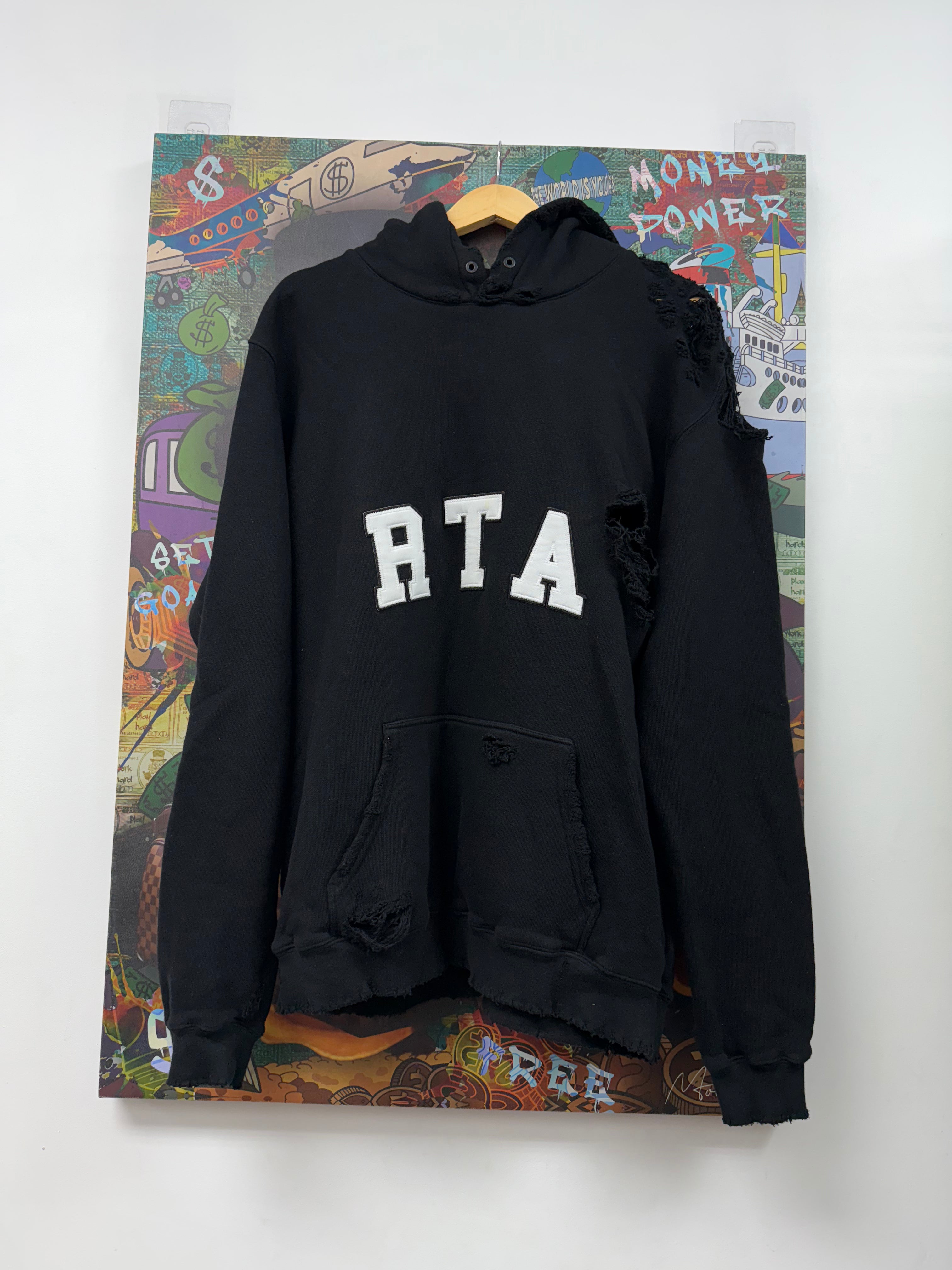 RTA Black Distress Logo Hoodie