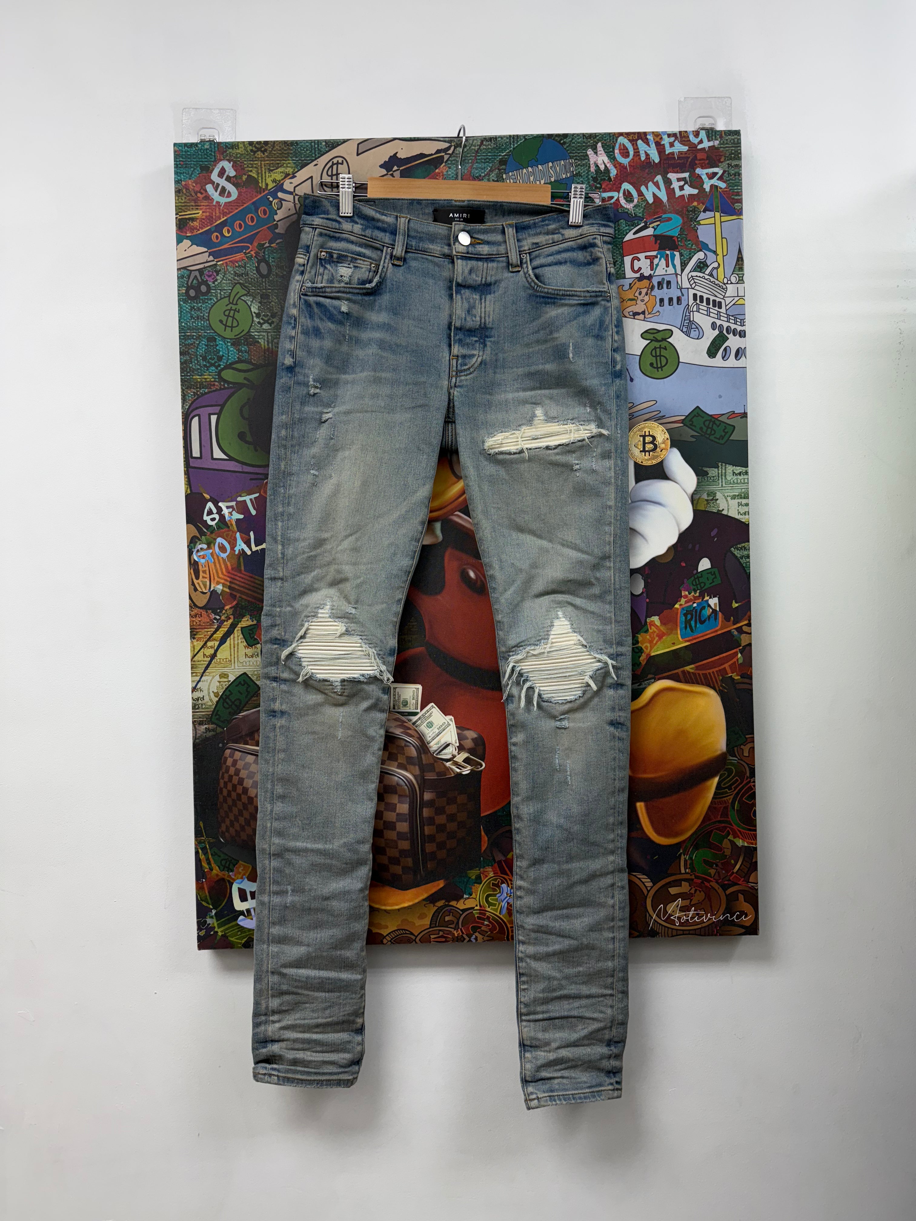 Amiri Mx1 Light Wash White Patch Jeans