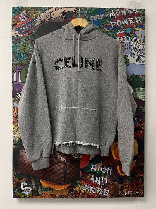 Celine Studded Logo Distressed Hoodie Grey Used Medium