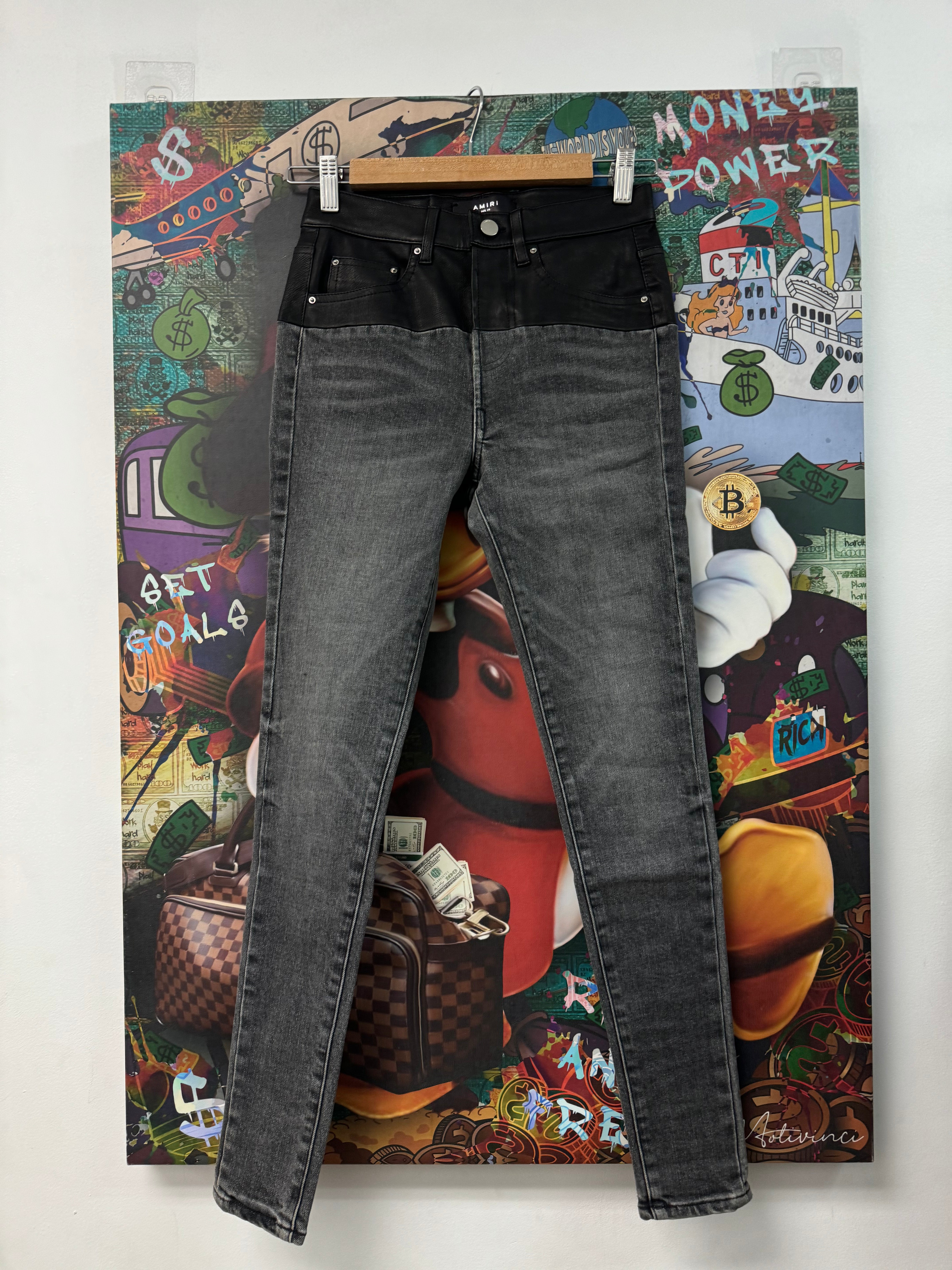 Amiri Grey Black Leather Contrast Jeans