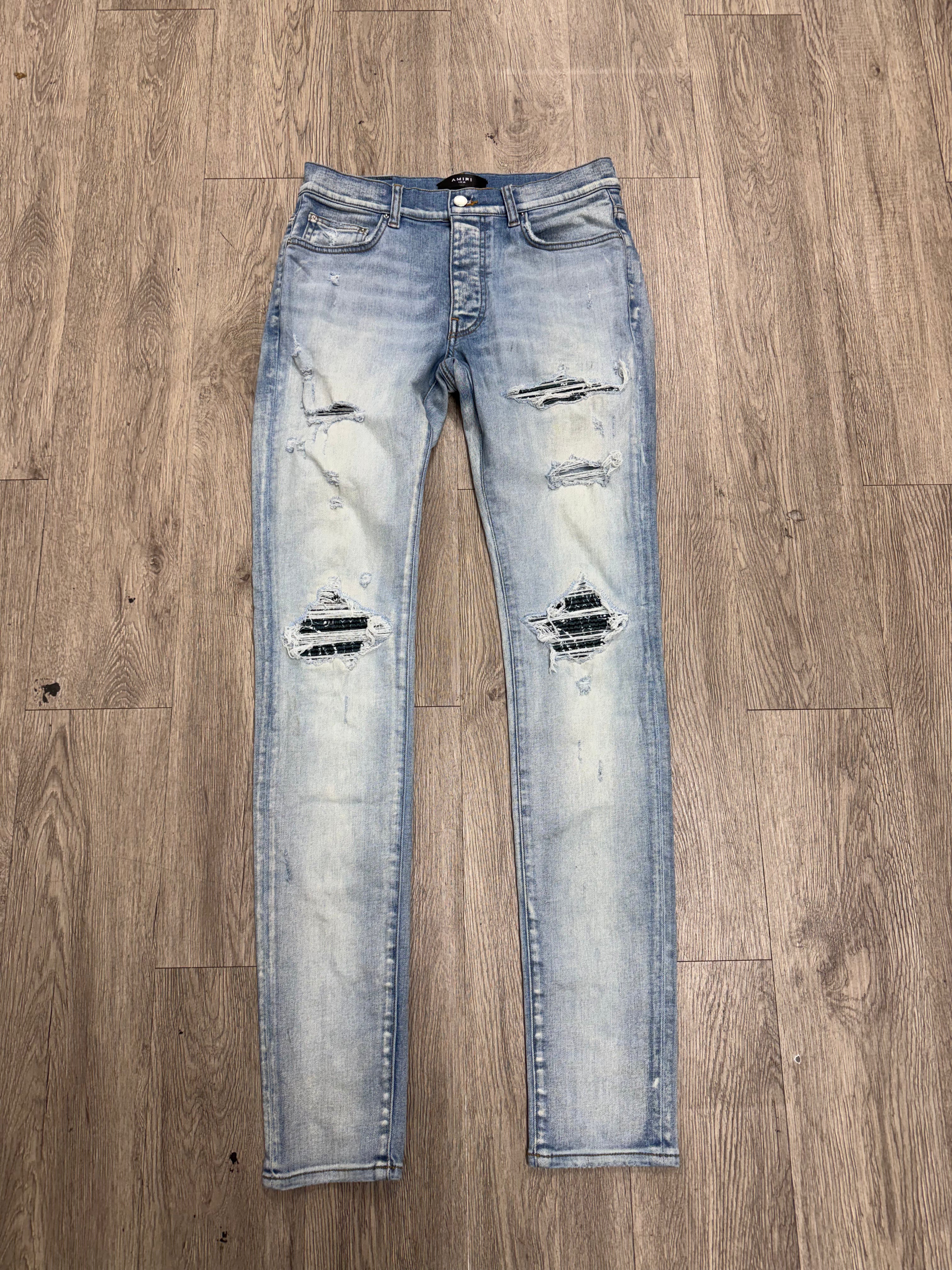 Amiri MX1 Light Wash Teal Paisley Jeans