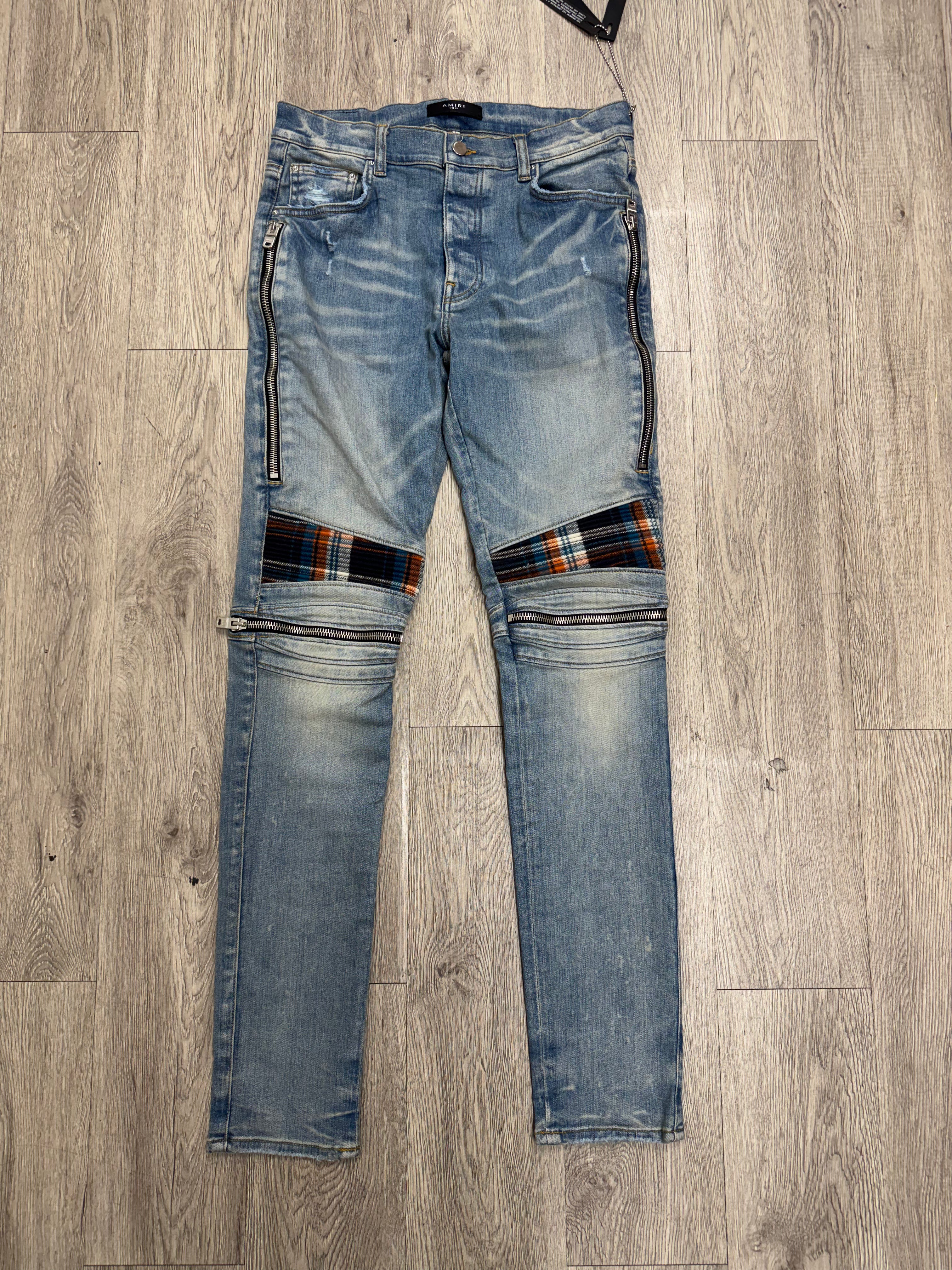 Amiri MX2 Light Wash Orange Blue Plaid Patch Jeans