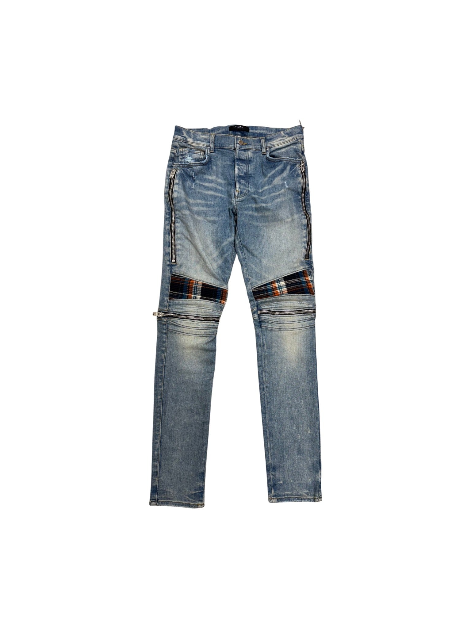 Amiri "MX2" Plaid Patch Light Wash, Orange & Blue Jeans