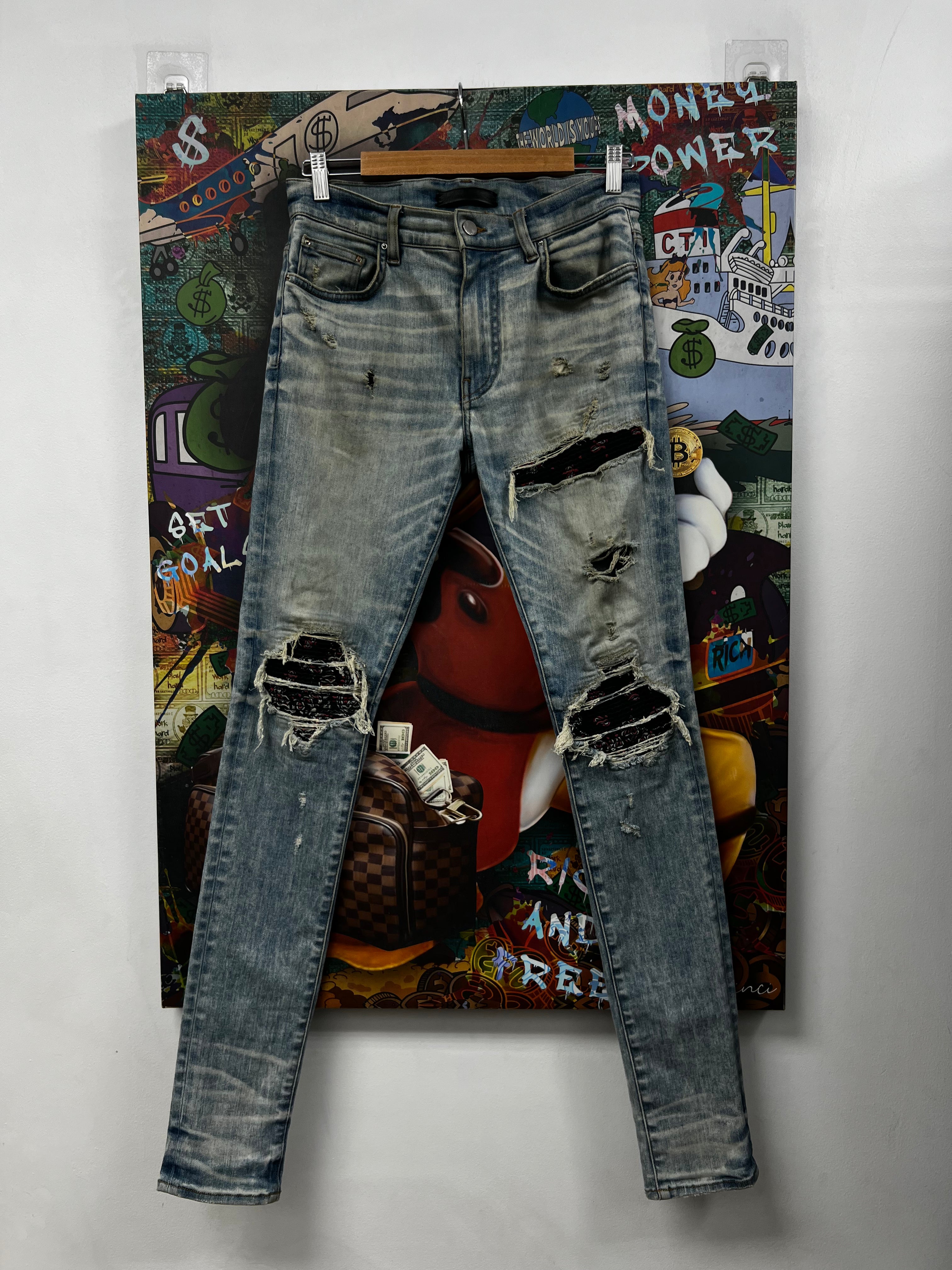 Amiri Vintage Wash Black Red Paisley Patch Jeans
