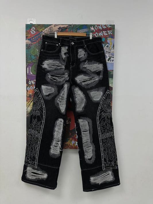 WDW Side Embroidery Jeans Black Silver New 38 With Tags