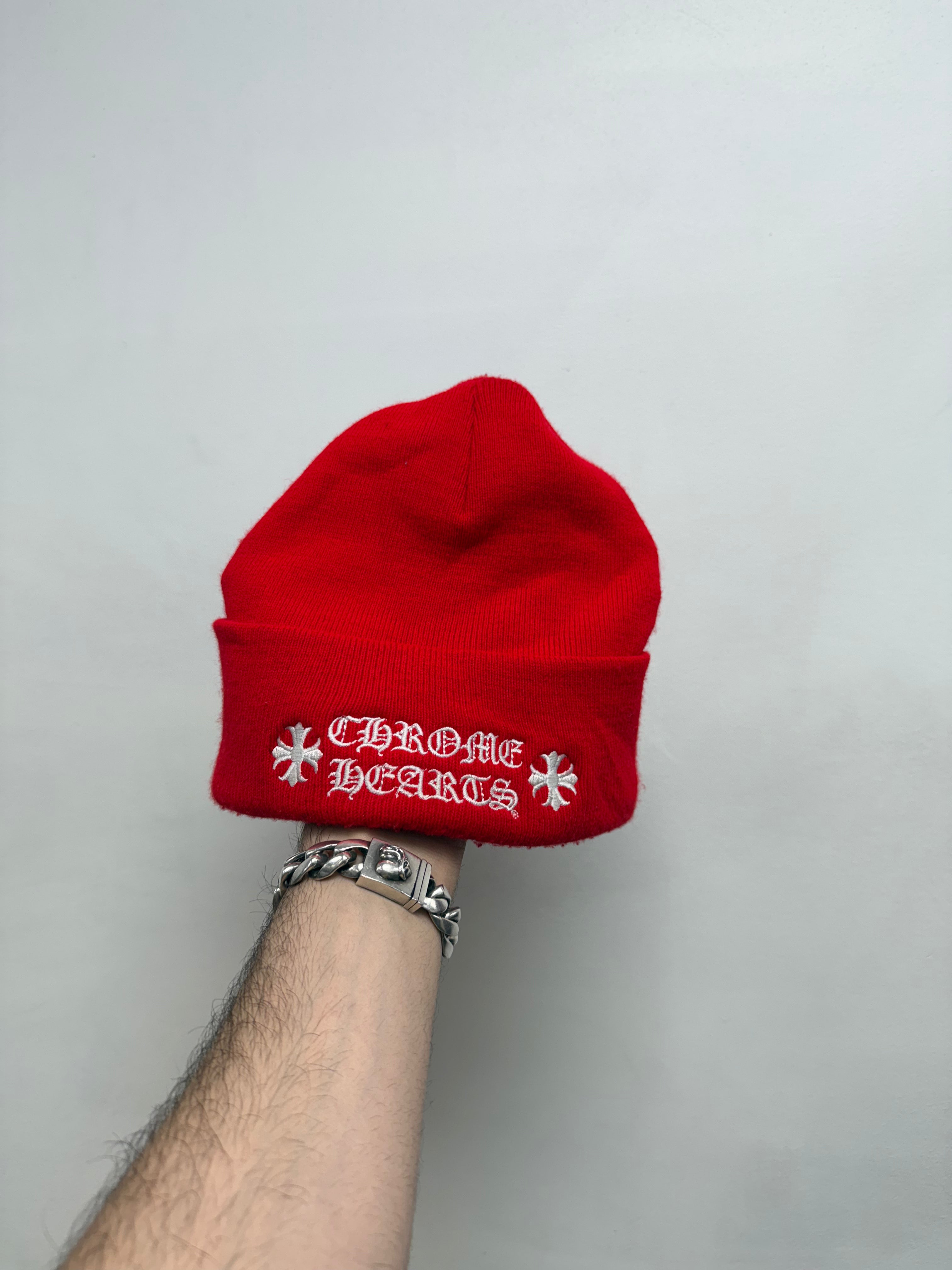 Chrome Hearts Red White Plus Logo Beanie