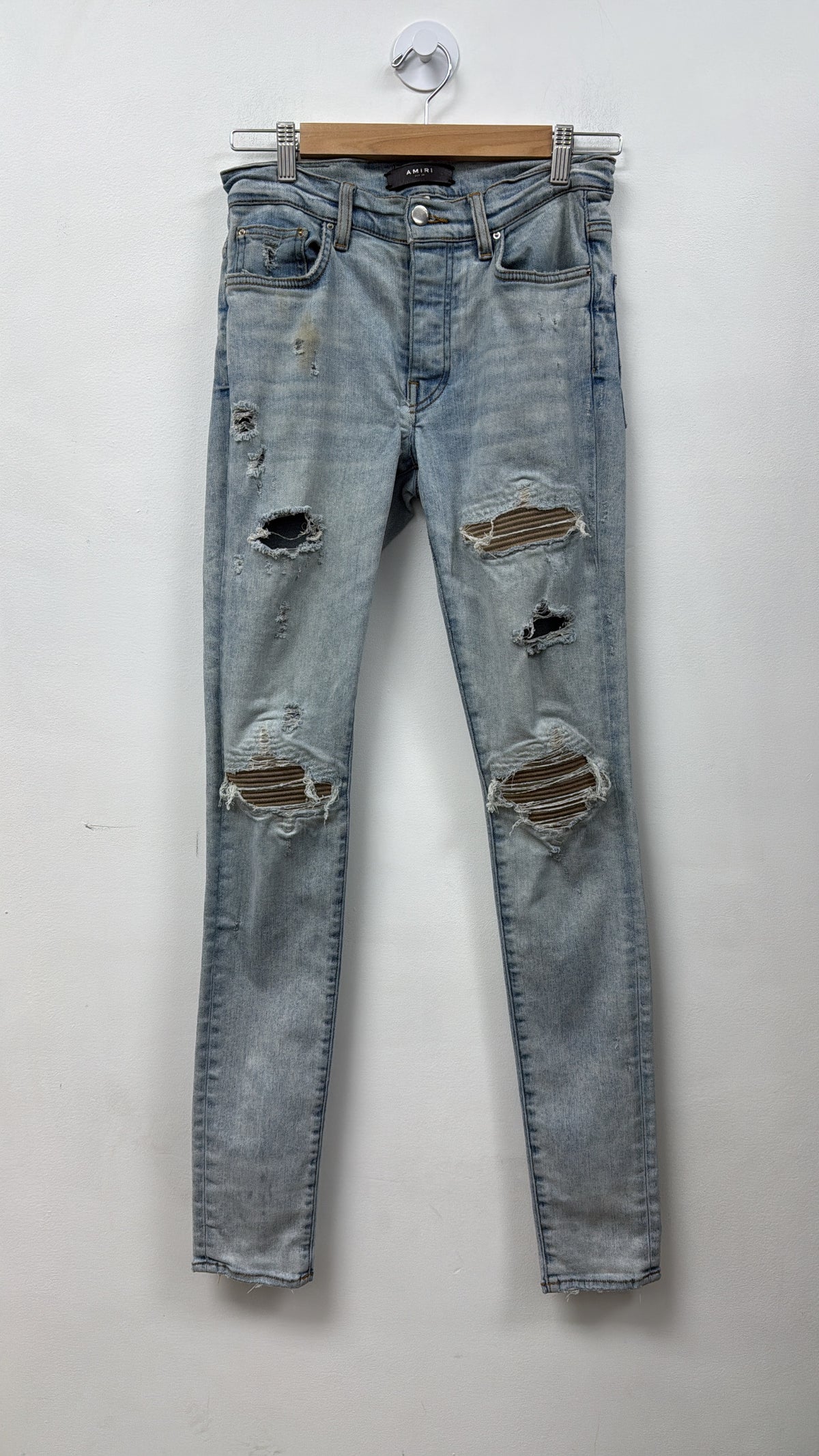 Amiri MX1 Light Wash Tan Suede Patch (Ripped Crotch) Jeans