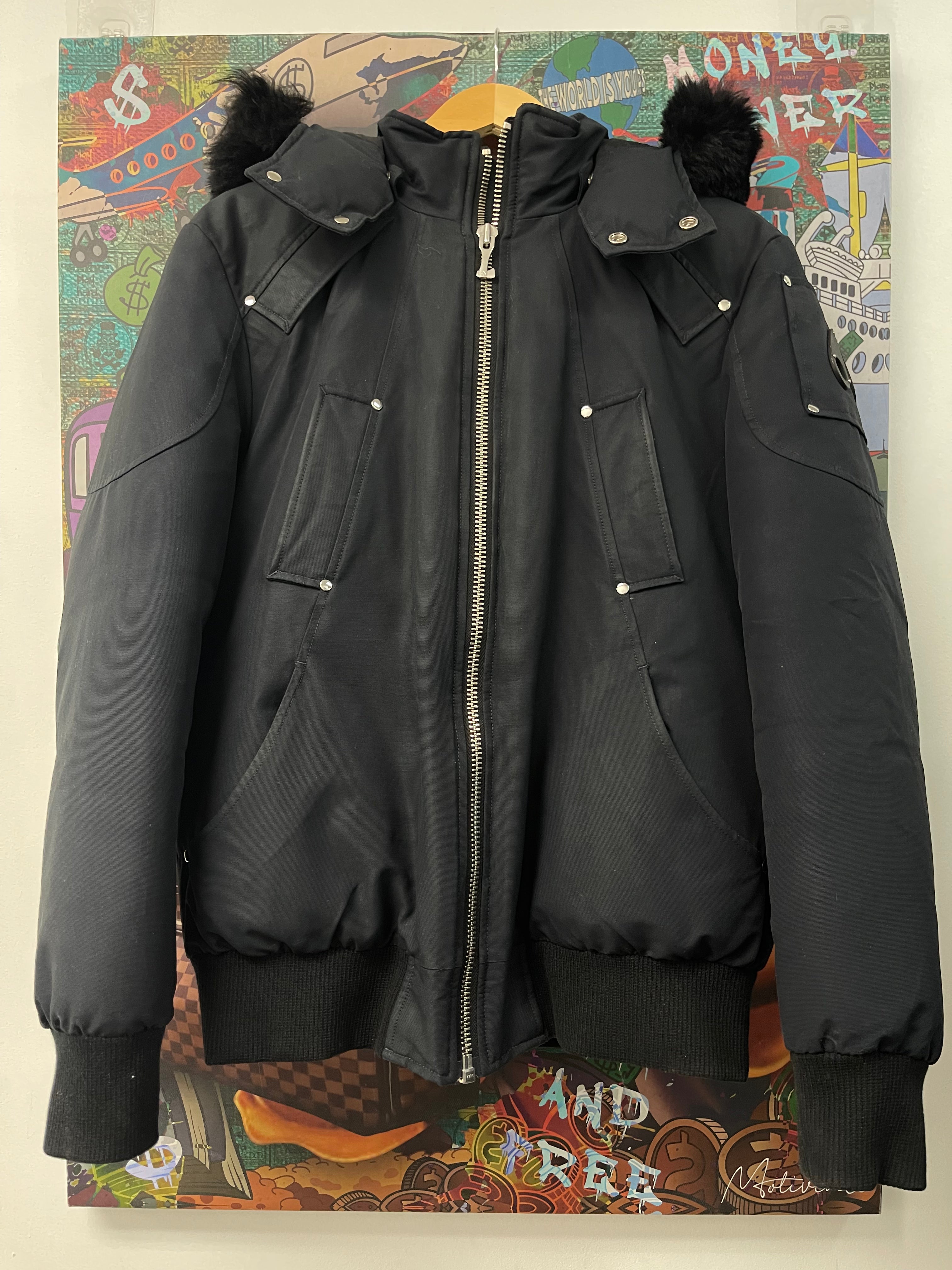 Moose Knuckles Navy Black Fur Bomber Puffer Jacket