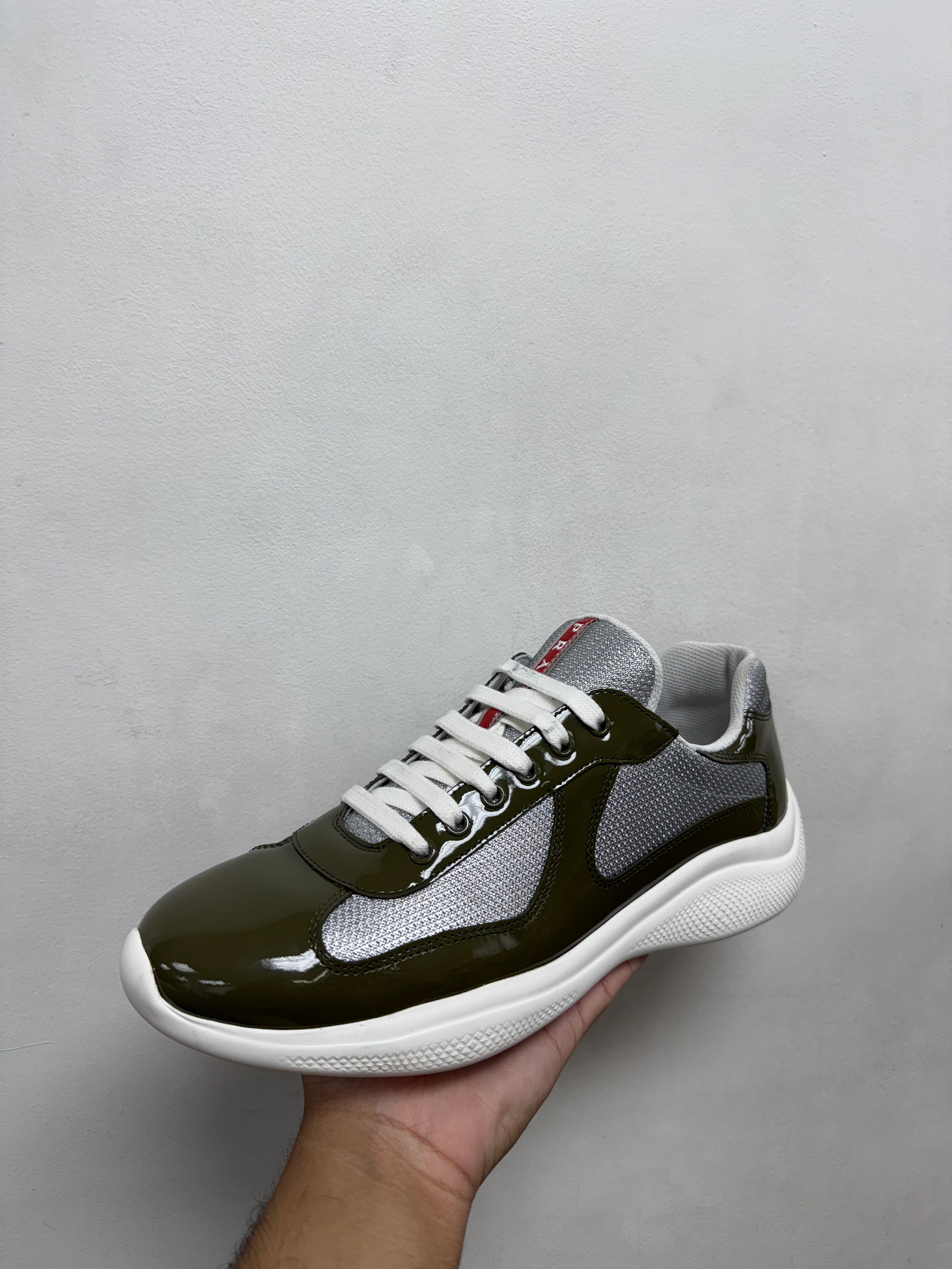 Prada Olive White Patent Cup Sneakers