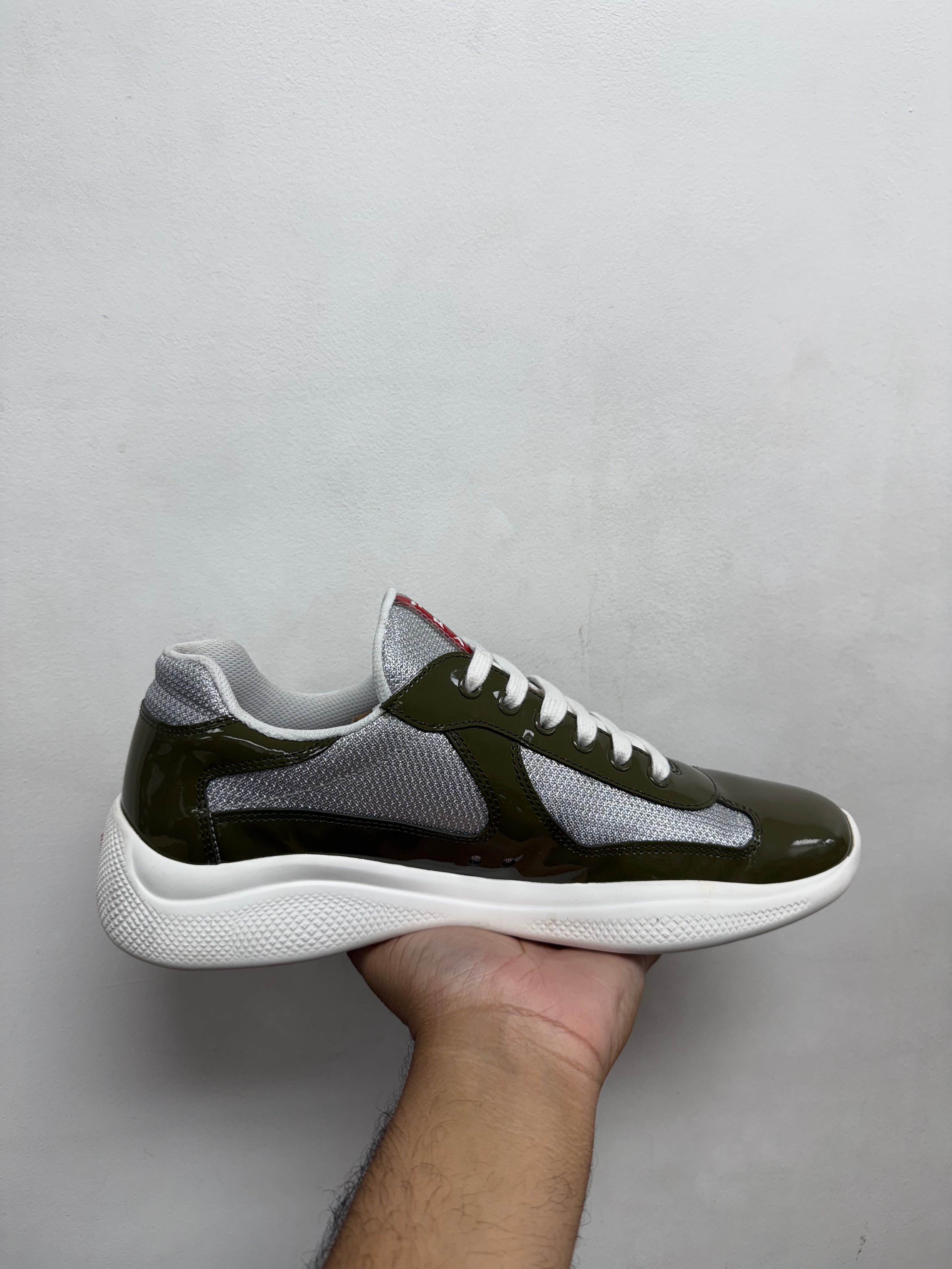 Prada Olive White Patent Cup Sneakers