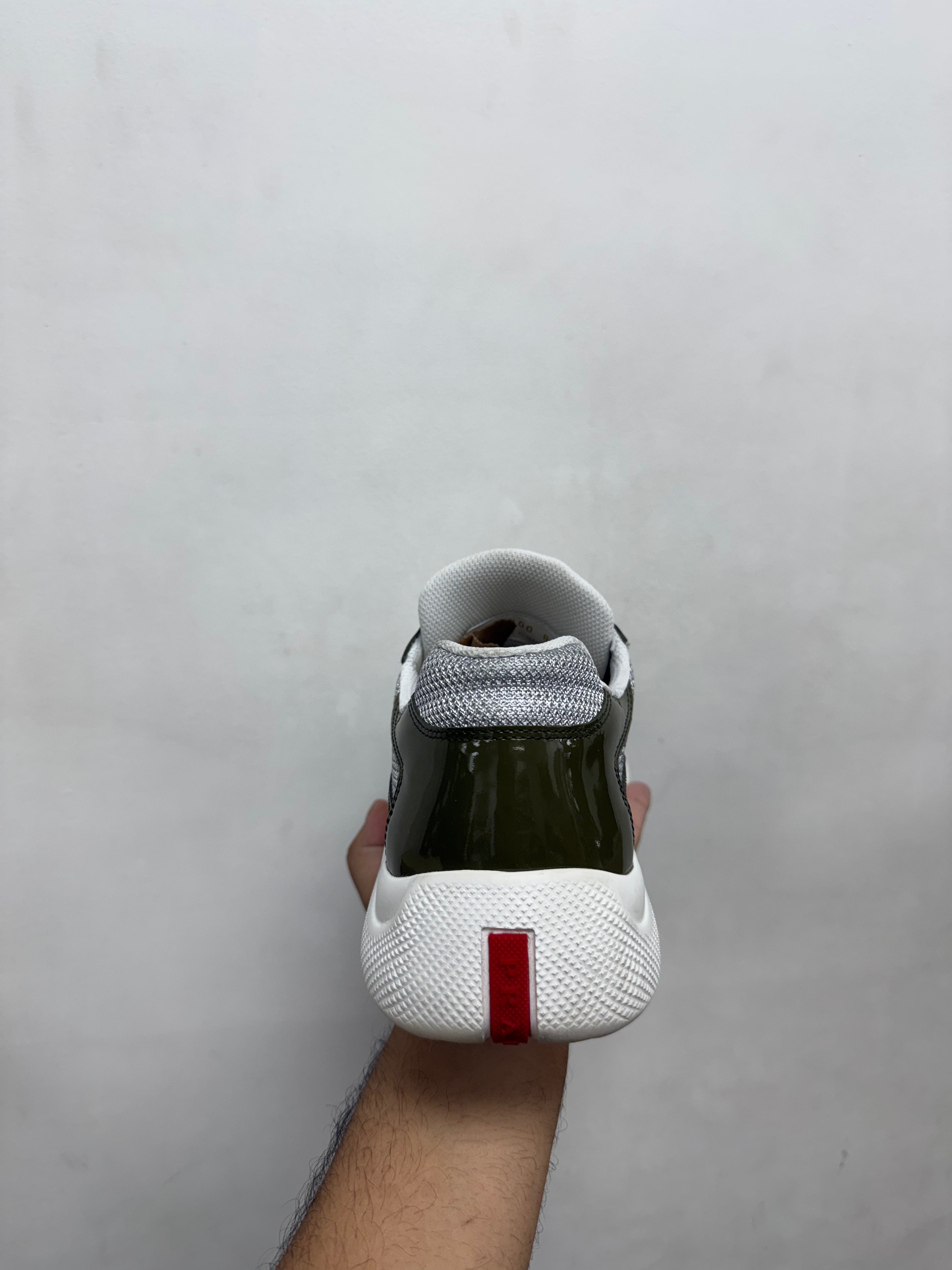 Prada Olive White Patent Cup Sneakers