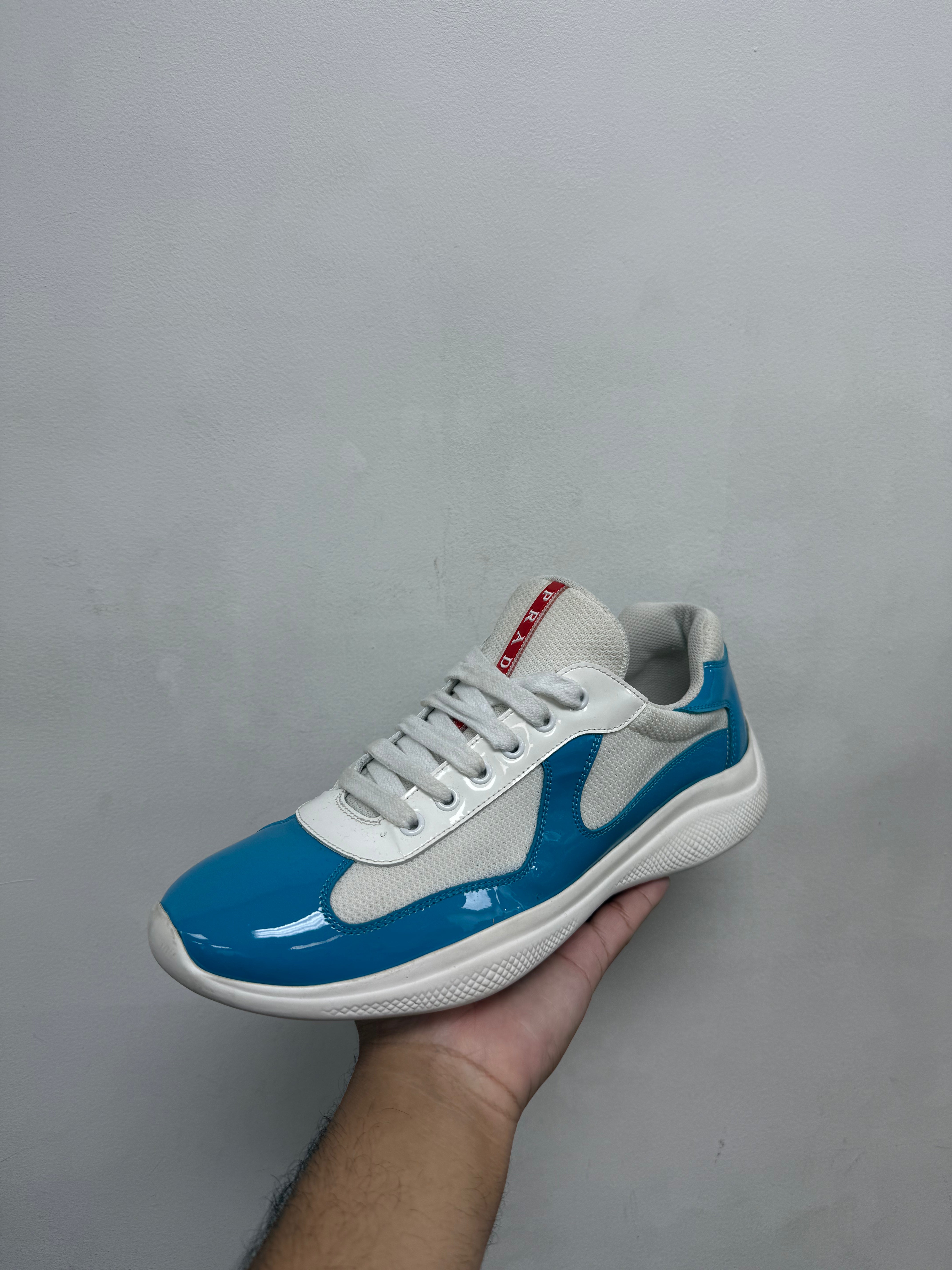 Prada Blue White Patent Cup Sneakers