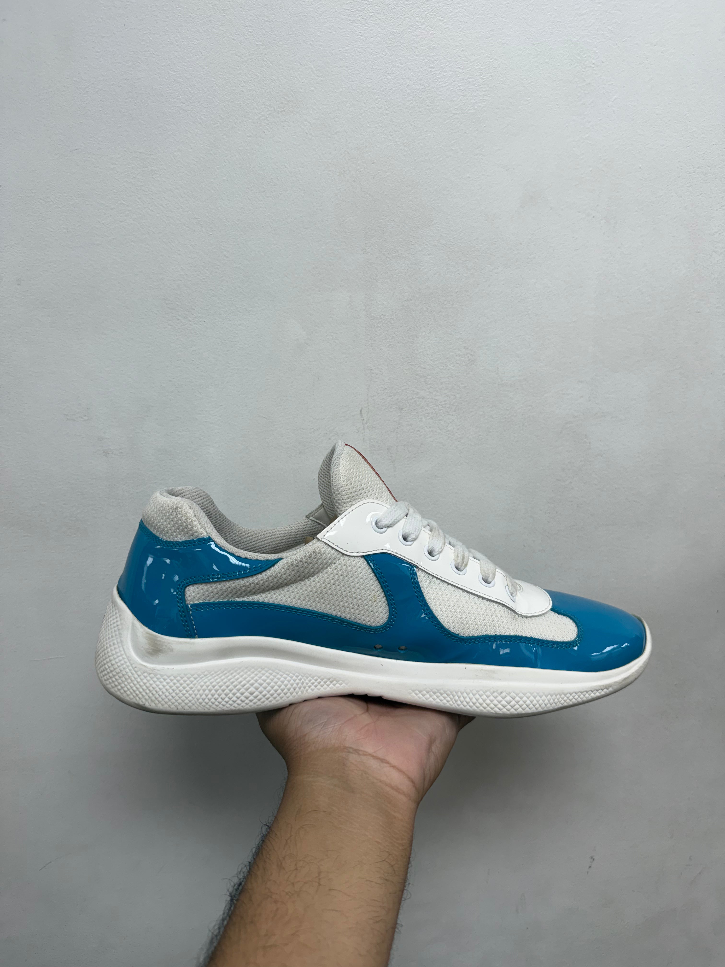 Prada Blue White Patent Cup Sneakers