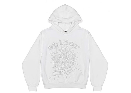 Sp5der Hoodie White Rhinestone